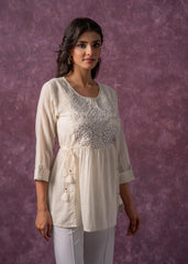 Women's Off-White Cotton Tunic with Thread & Mirror Work