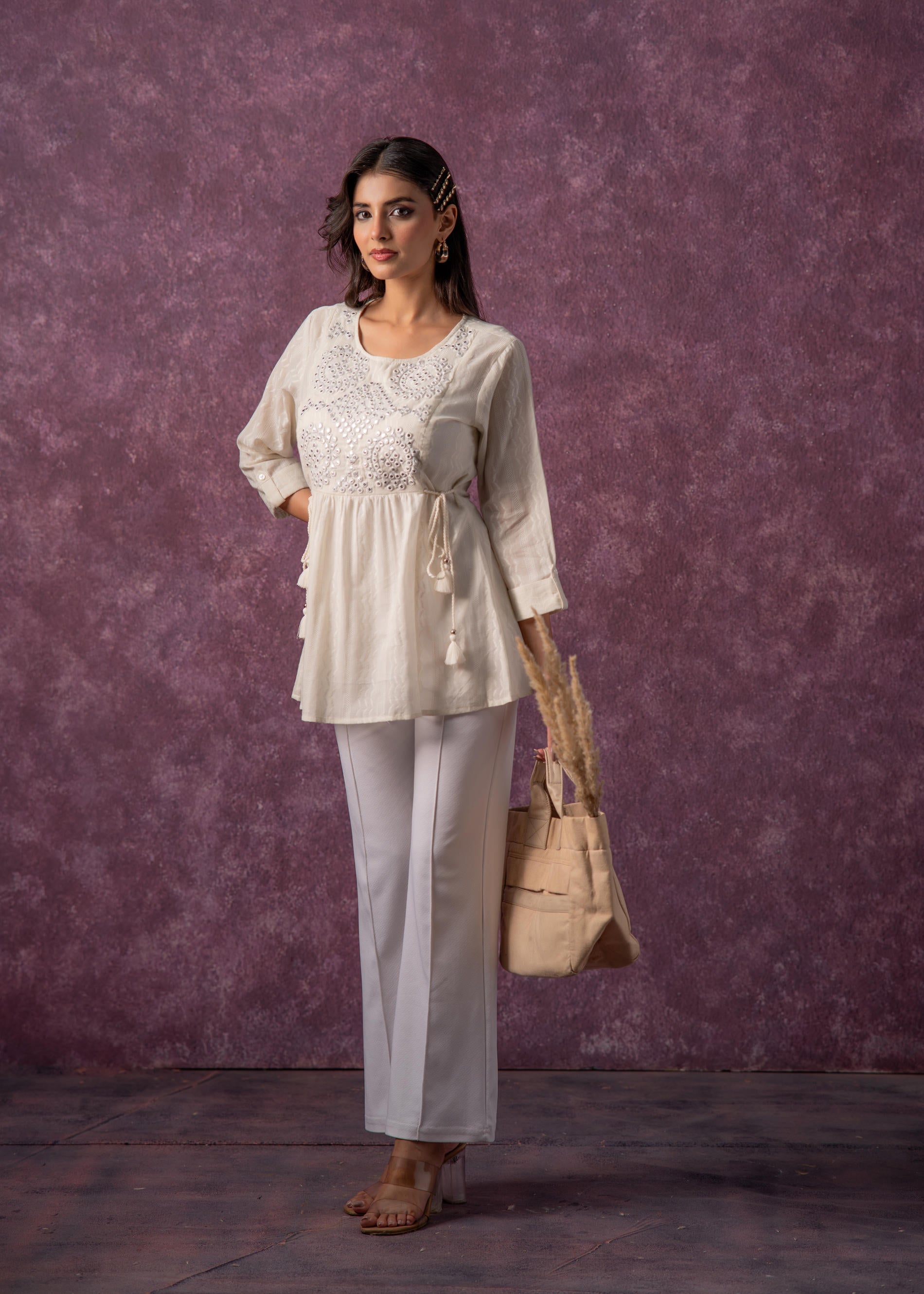 Women's Off-White Cotton Tunic with Thread & Mirror Work - Off-White |