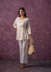 Women's Off-White Cotton Tunic with Thread & Mirror Work