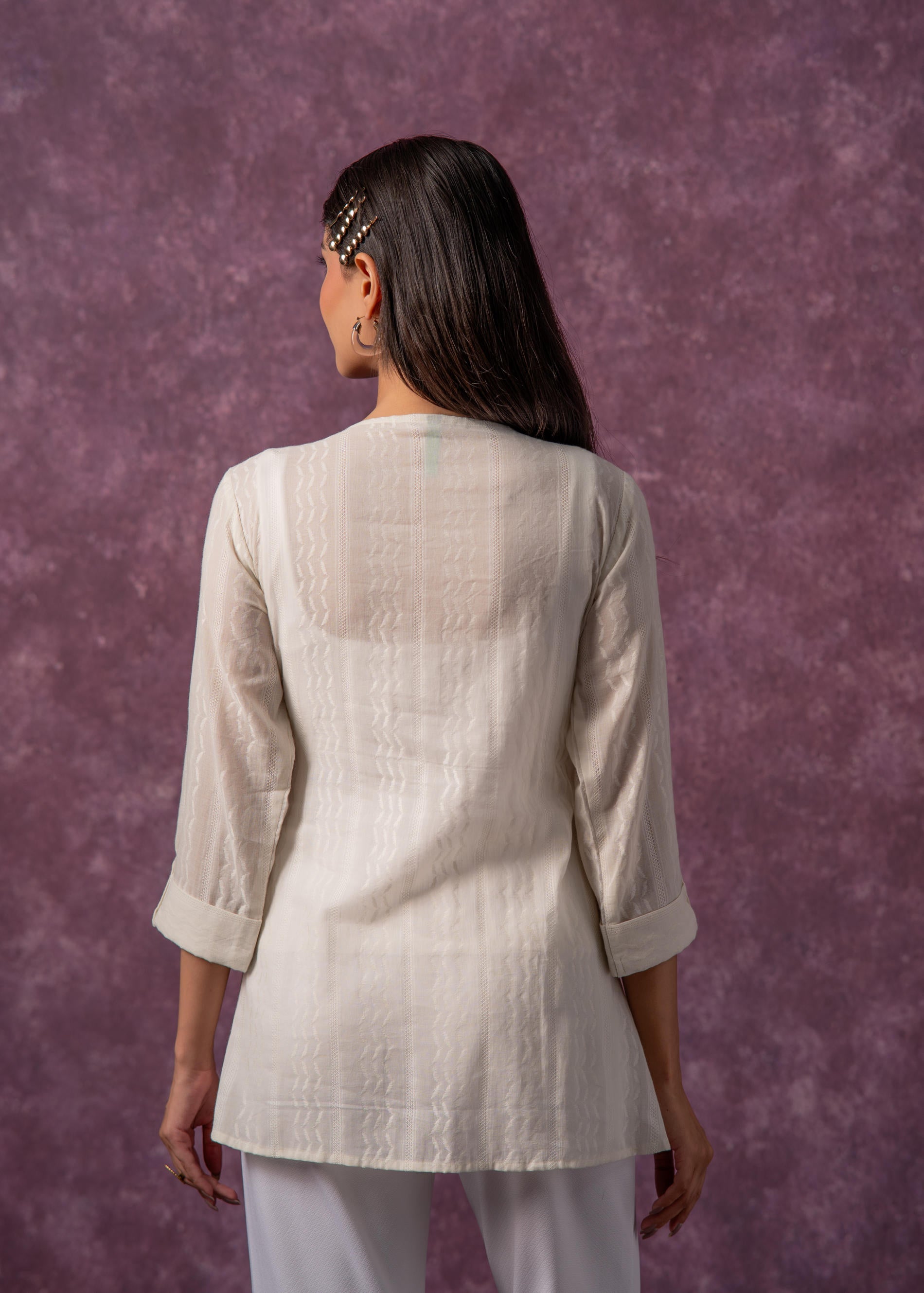 Women's Off-White Cotton Tunic with Thread & Mirror Work - Off-White |