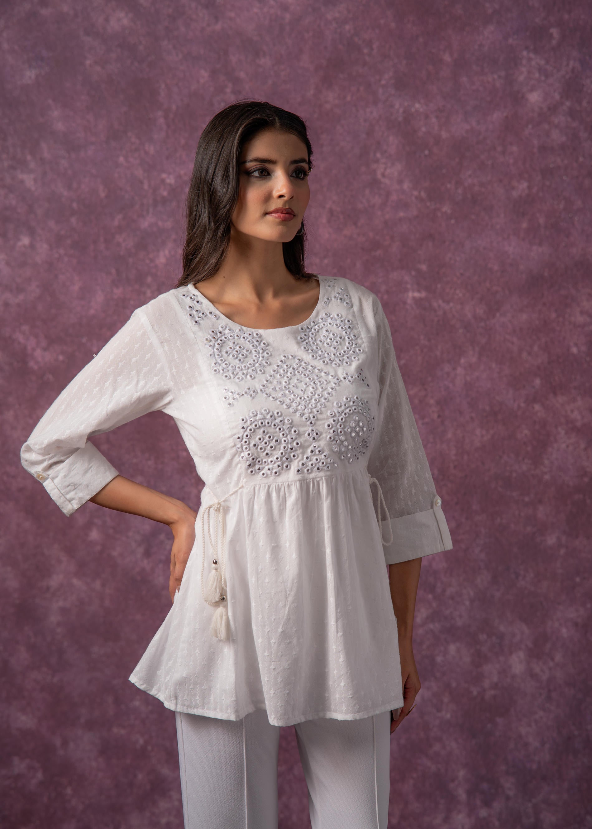 Women's Off-White Cotton Tunic with Thread & Mirror Work | DesiQlo