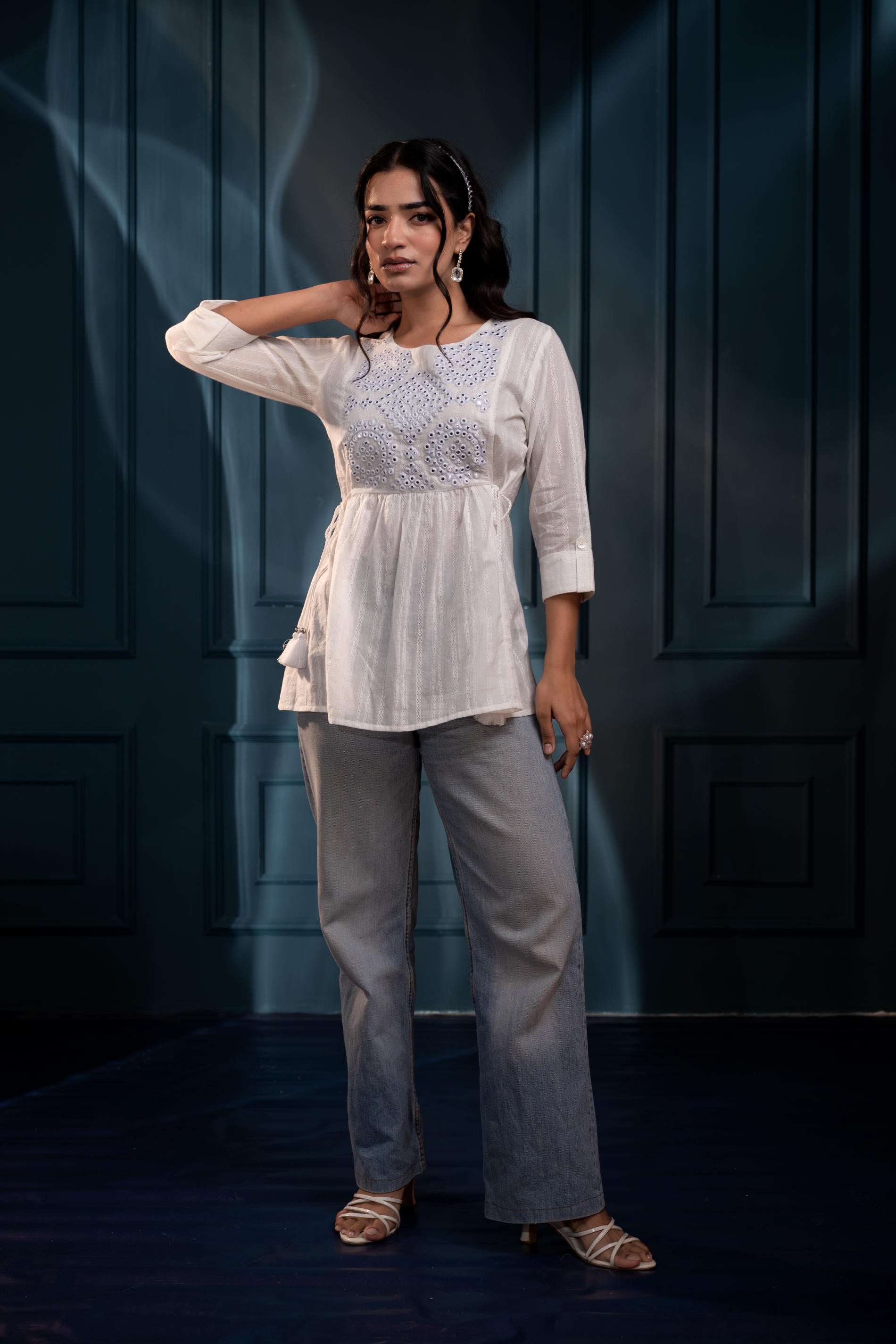 Women's White Embroidered Cotton Tunic with Thread and Mirror Work | D