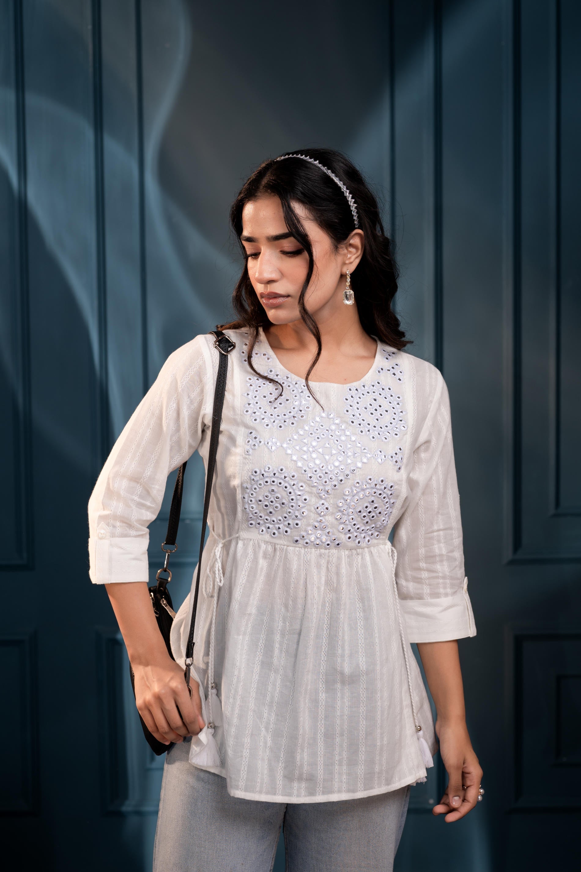 Women's White Embroidered Cotton Tunic with Thread and Mirror Work | D