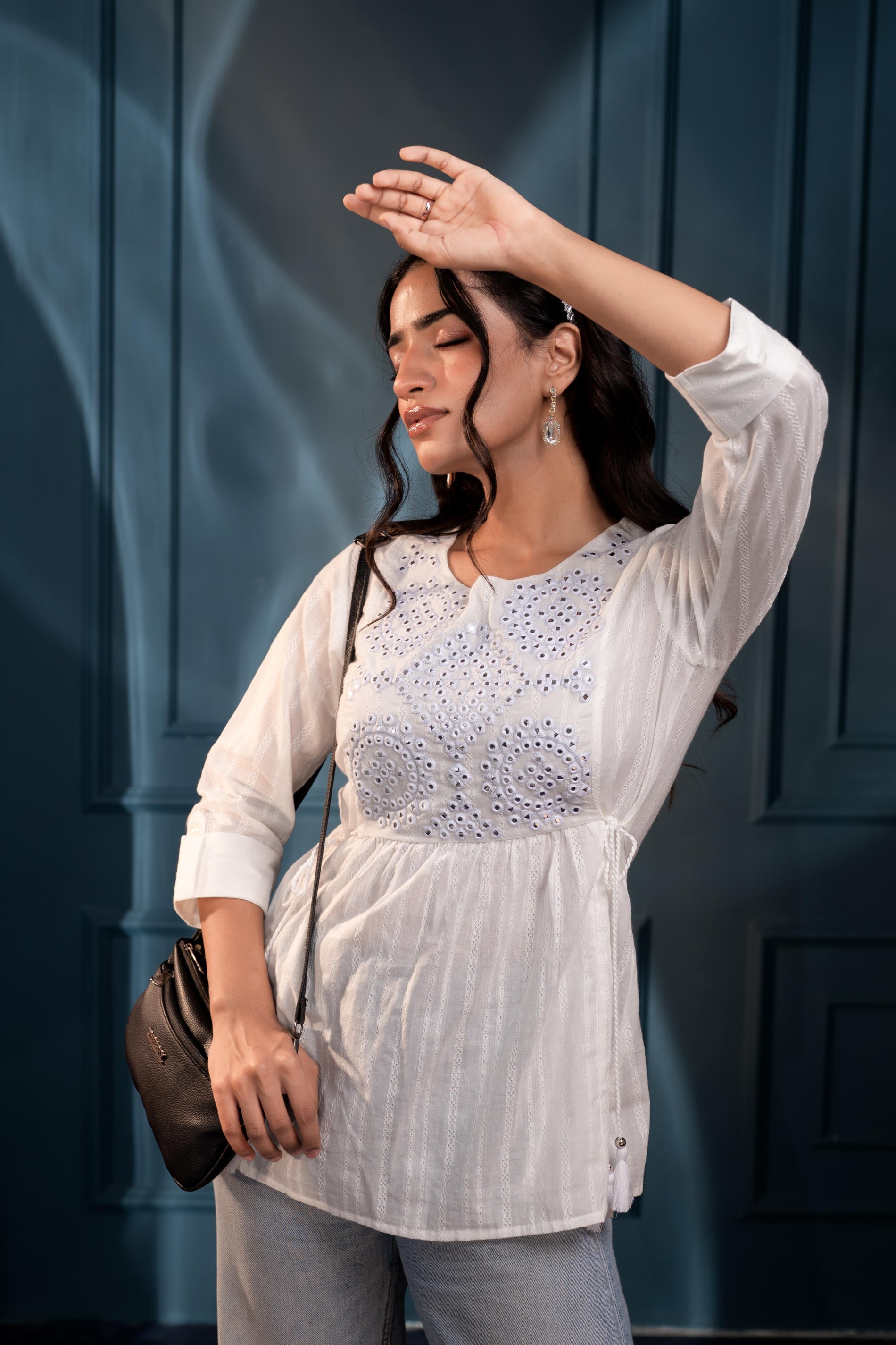 Women's White Embroidered Cotton Tunic with Thread and Mirror Work | D