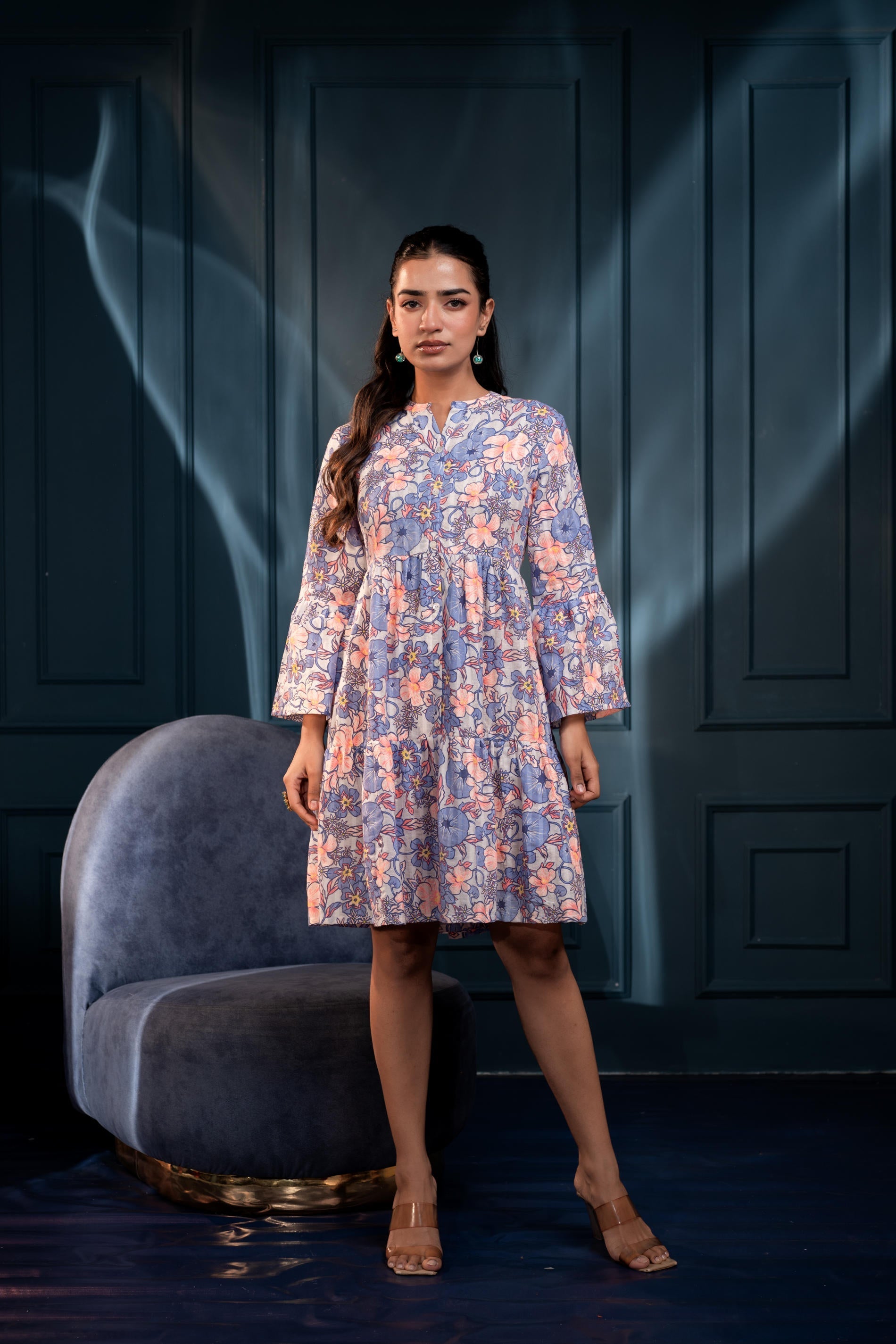 Women's Blue & Orange Floral Cotton Short Dress | DesiQlo