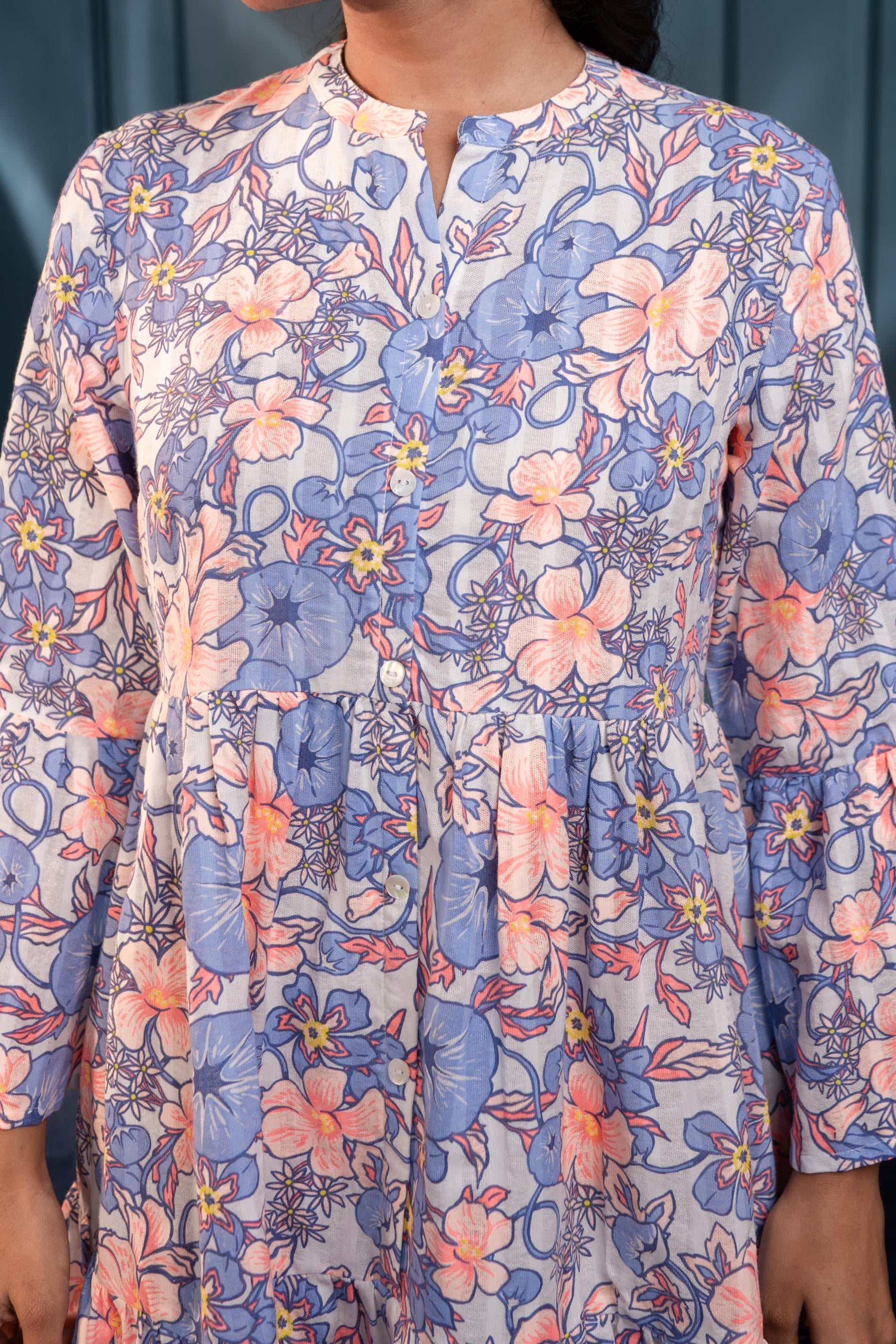 Women's Blue & Orange Floral Cotton Short Dress | DesiQlo