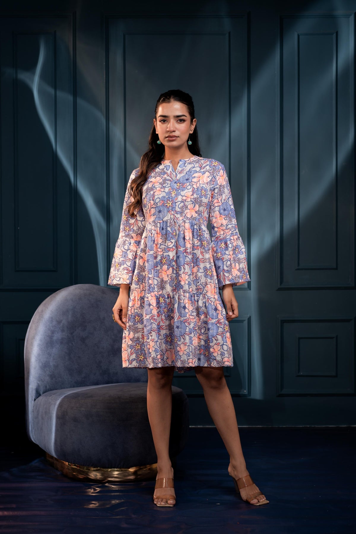 Women's Blue & Orange Floral Cotton Short Dress