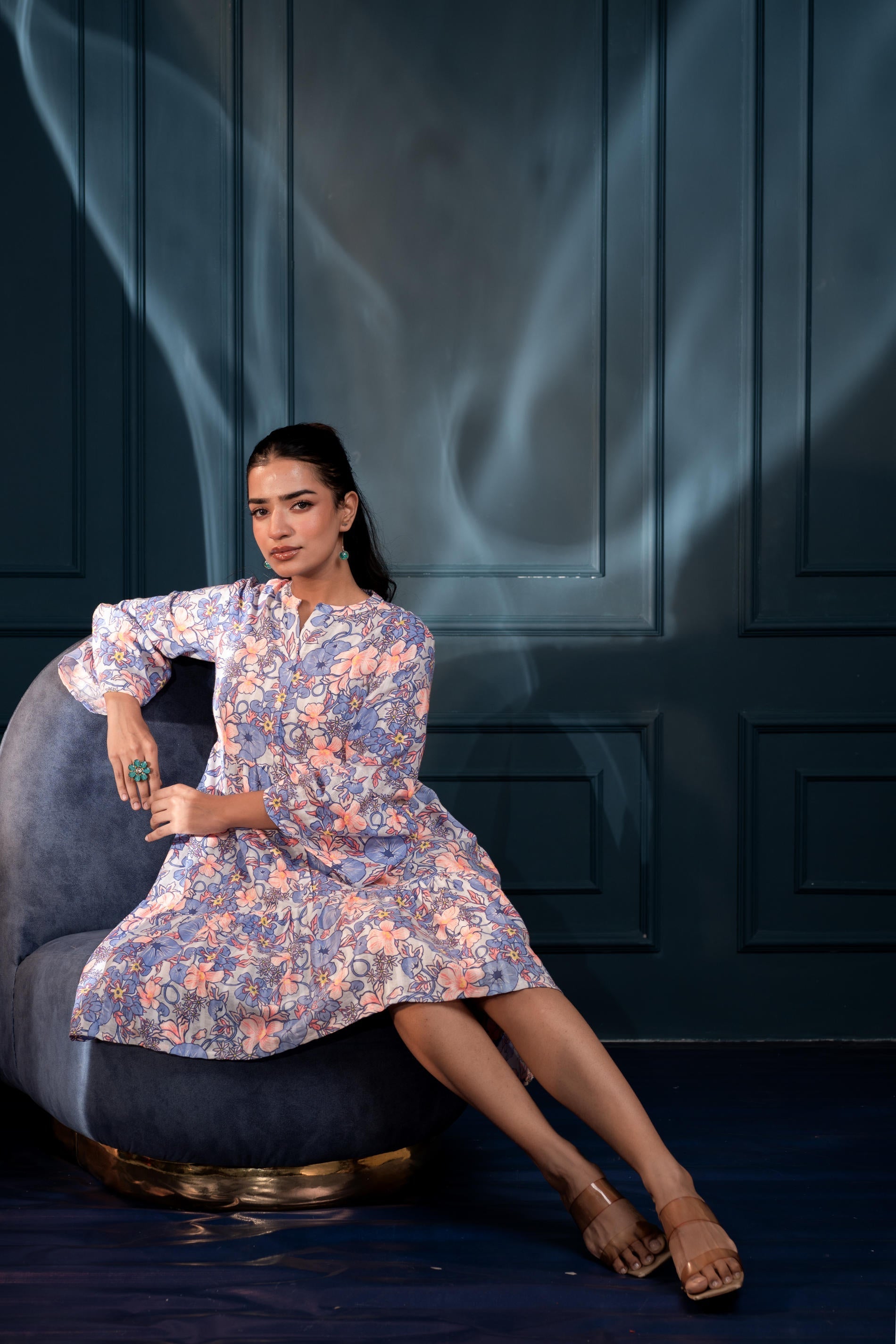 Women's Blue & Orange Floral Cotton Short Dress | DesiQlo