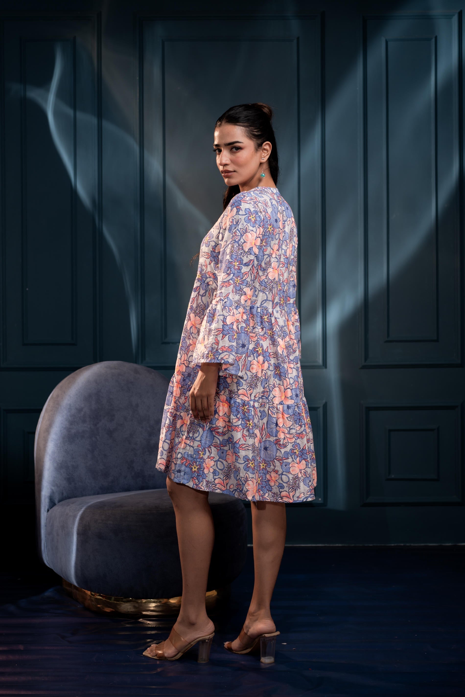 Women's Blue & Orange Floral Cotton Short Dress | DesiQlo
