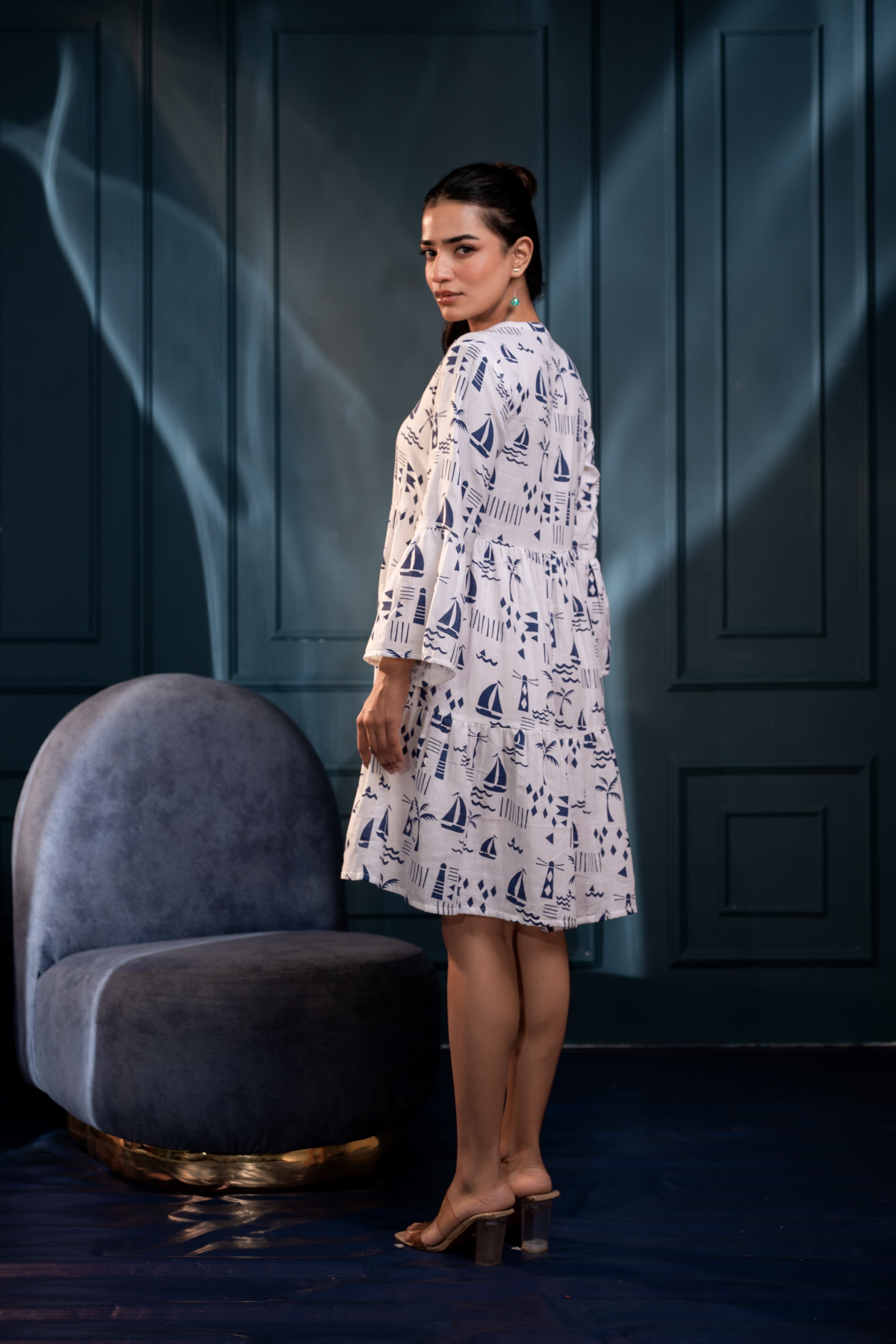 Women's Off-White & Blue Cotton Short Dress with Tropical Print | Desi