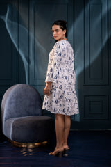 Women's Off-White & Blue Cotton Short Dress with Tropical Print