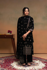 Black embroidered Straight Kurta Set with Geometric Yoke & Matching Dupatta