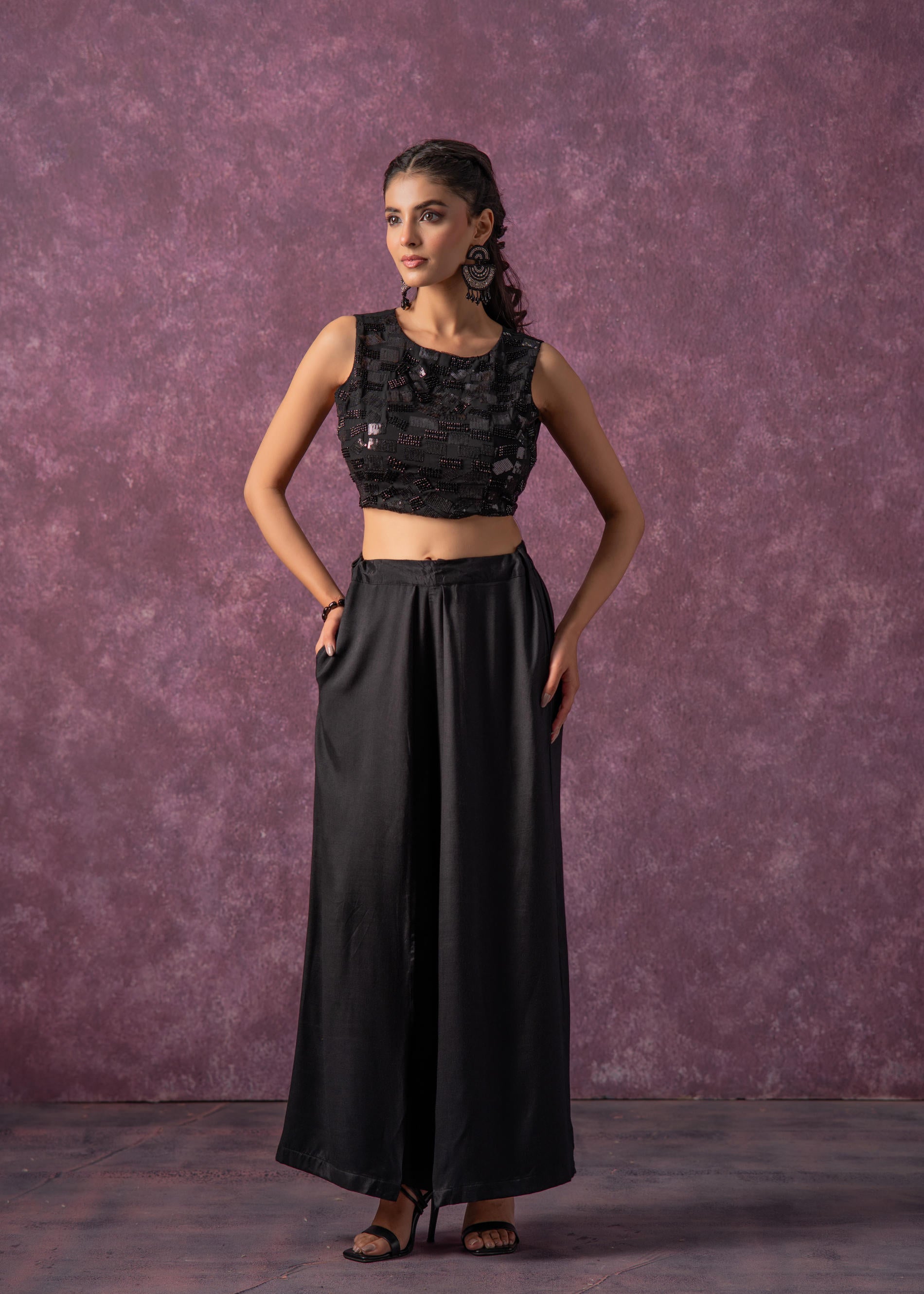 Black Solid Embellished Sleeveless Top with Beads & Sequence Work | De