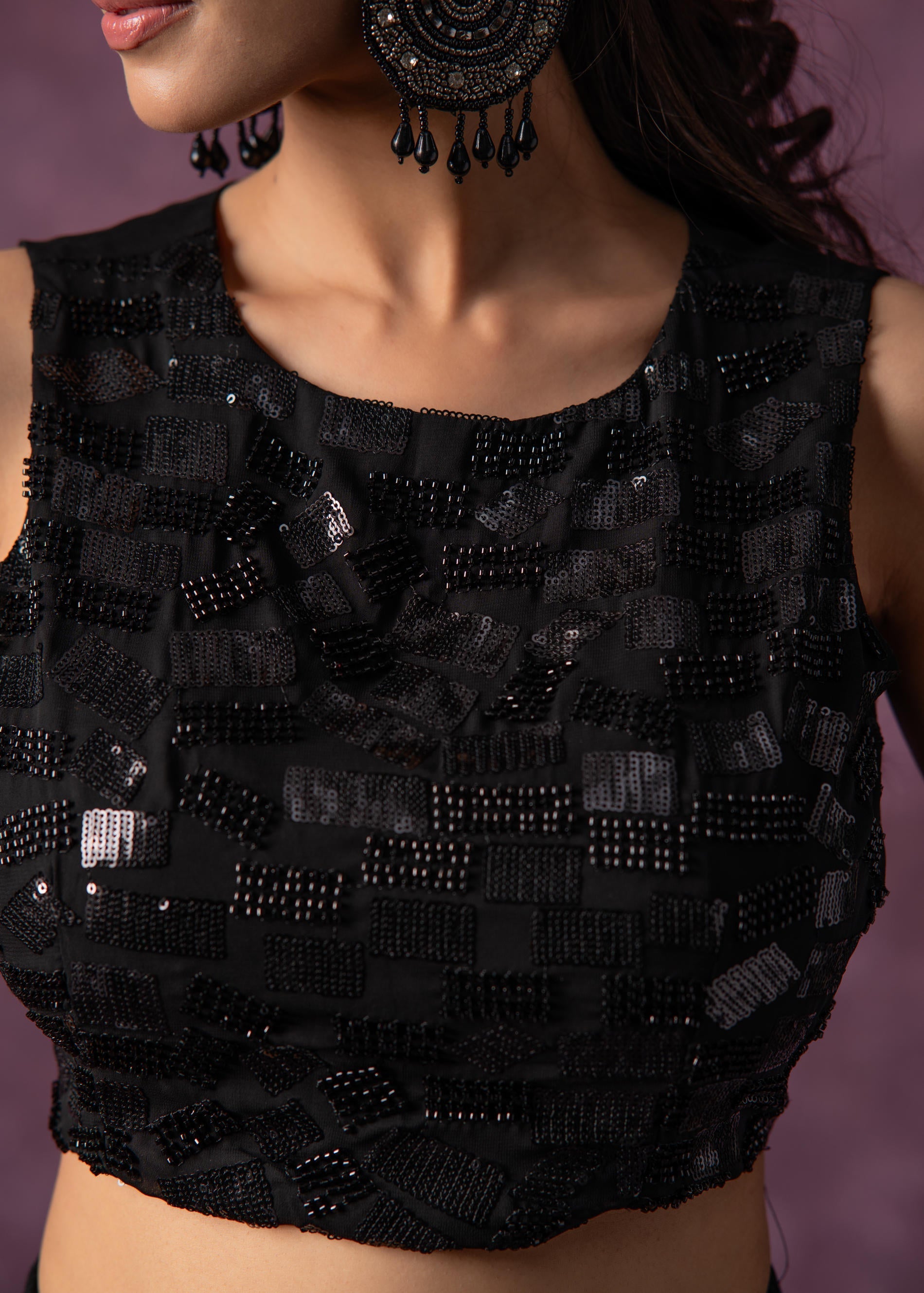 Black Solid Embellished Sleeveless Top with Beads & Sequence Work | De