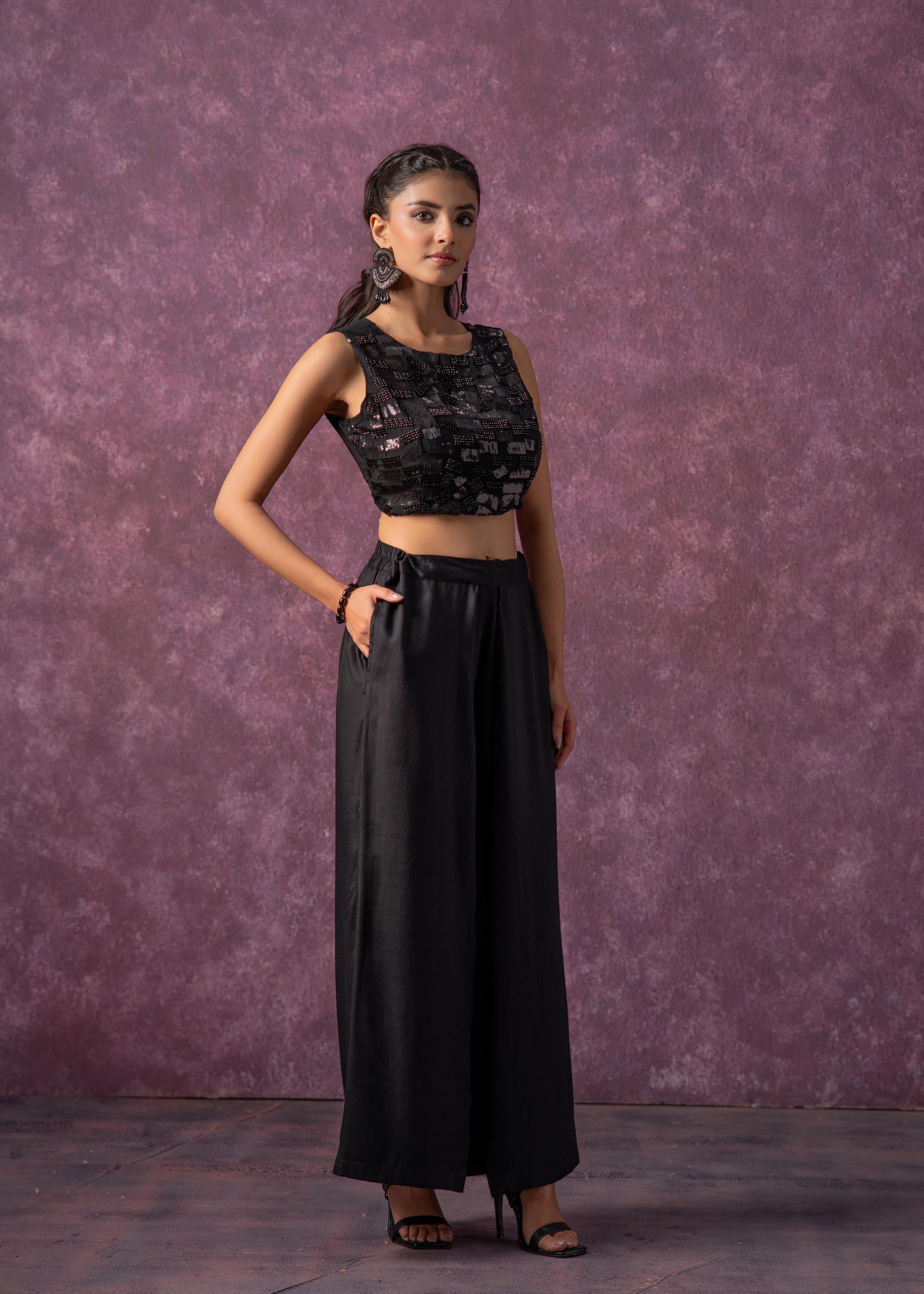 Solid Black Flared Palazzo Pants 