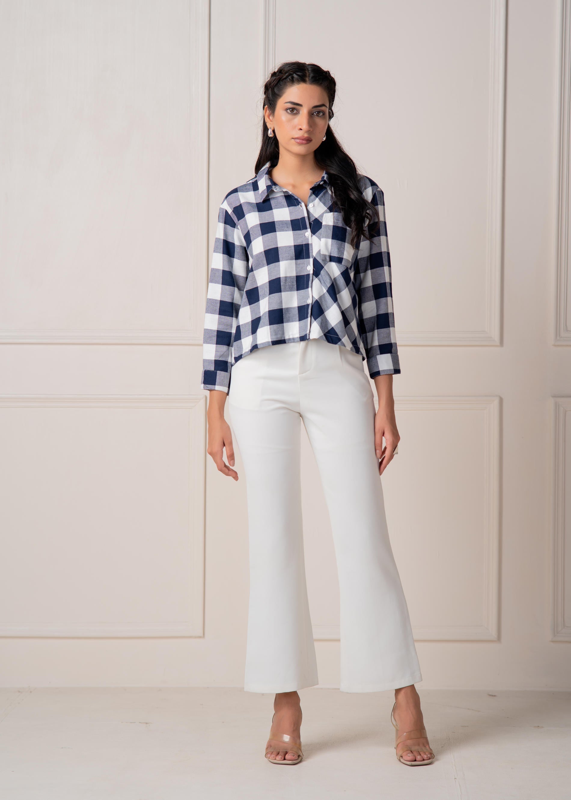 Navy & White Large Checkered Casual Button-Down Shirt | DesiQlo