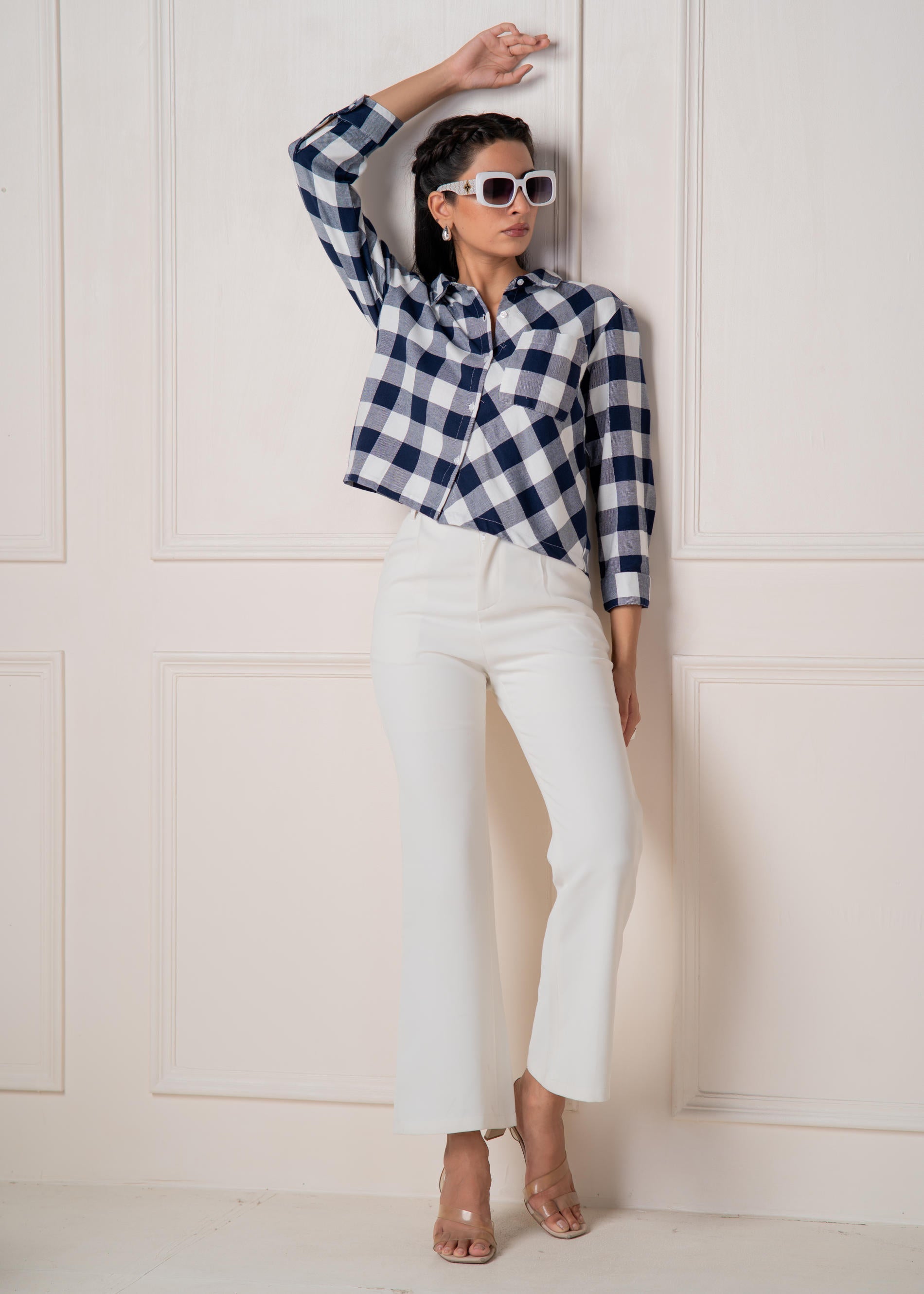 Navy & White Large Checkered Casual Button-Down Shirt | DesiQlo