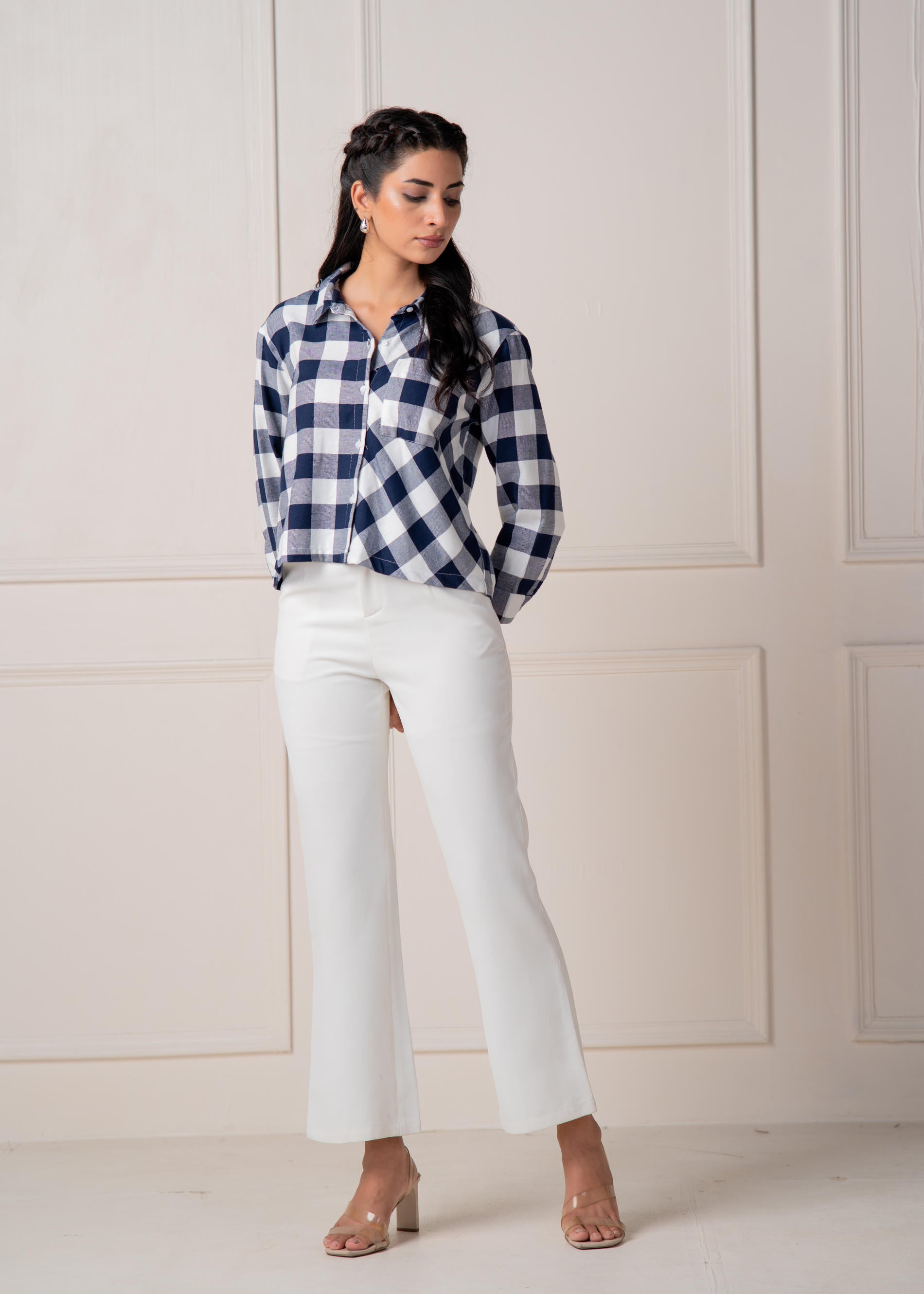 Navy & White Large Checkered Casual Button-Down Shirt | DesiQlo