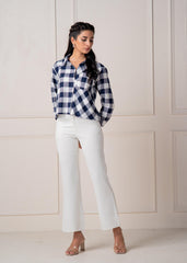 Lamora Navy & White Large Checkered Casual Button-Down Shirt