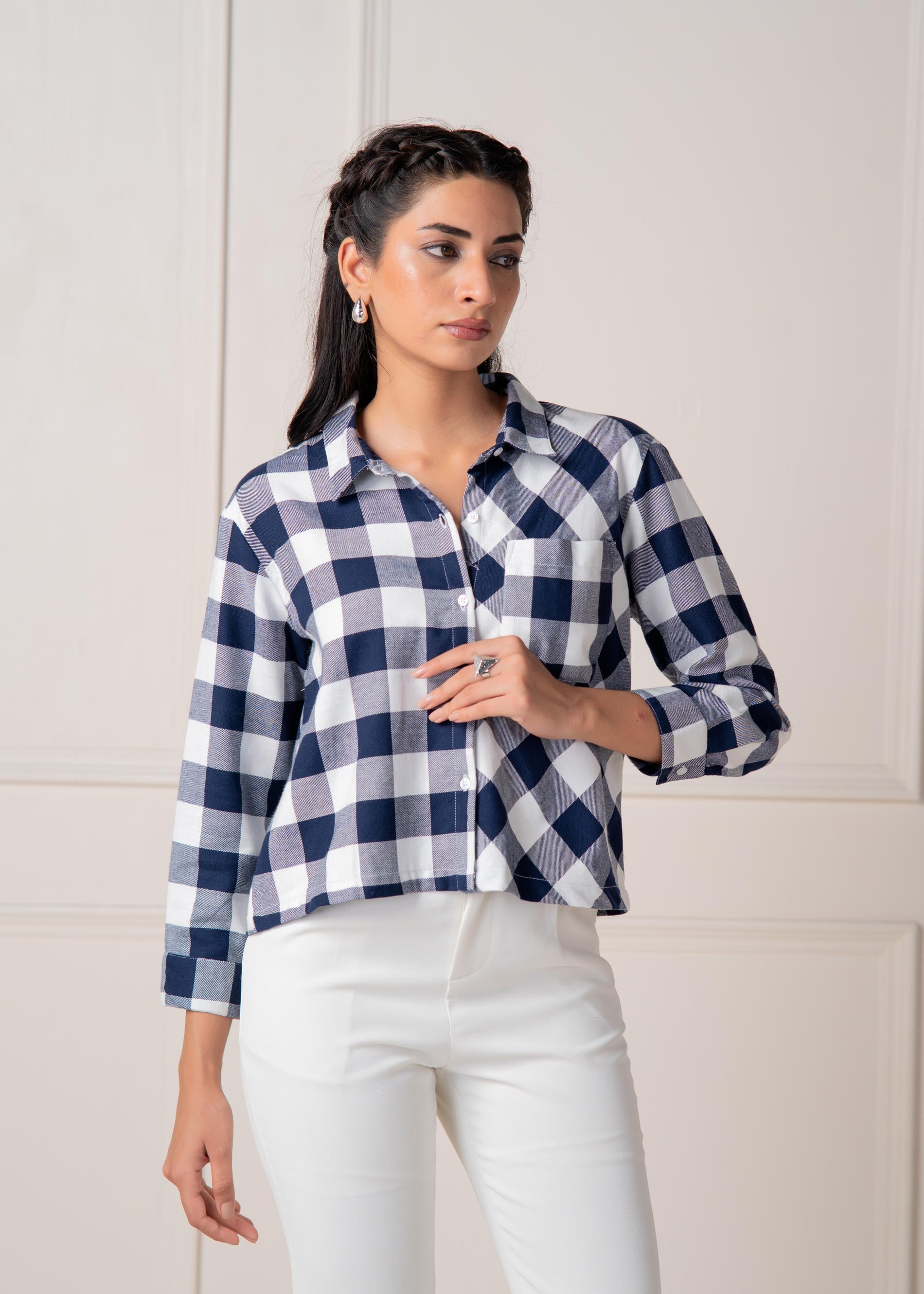 Navy & White Large Checkered Casual Button-Down Shirt | DesiQlo