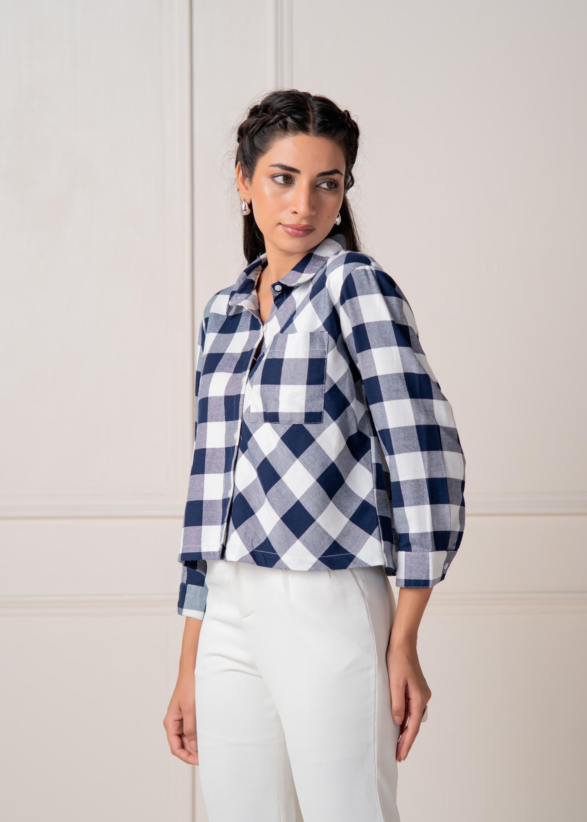 Navy & White Large Checkered Casual Button-Down Shirt | DesiQlo