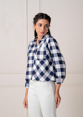 Lamora Navy & White Large Checkered Casual Button-Down Shirt