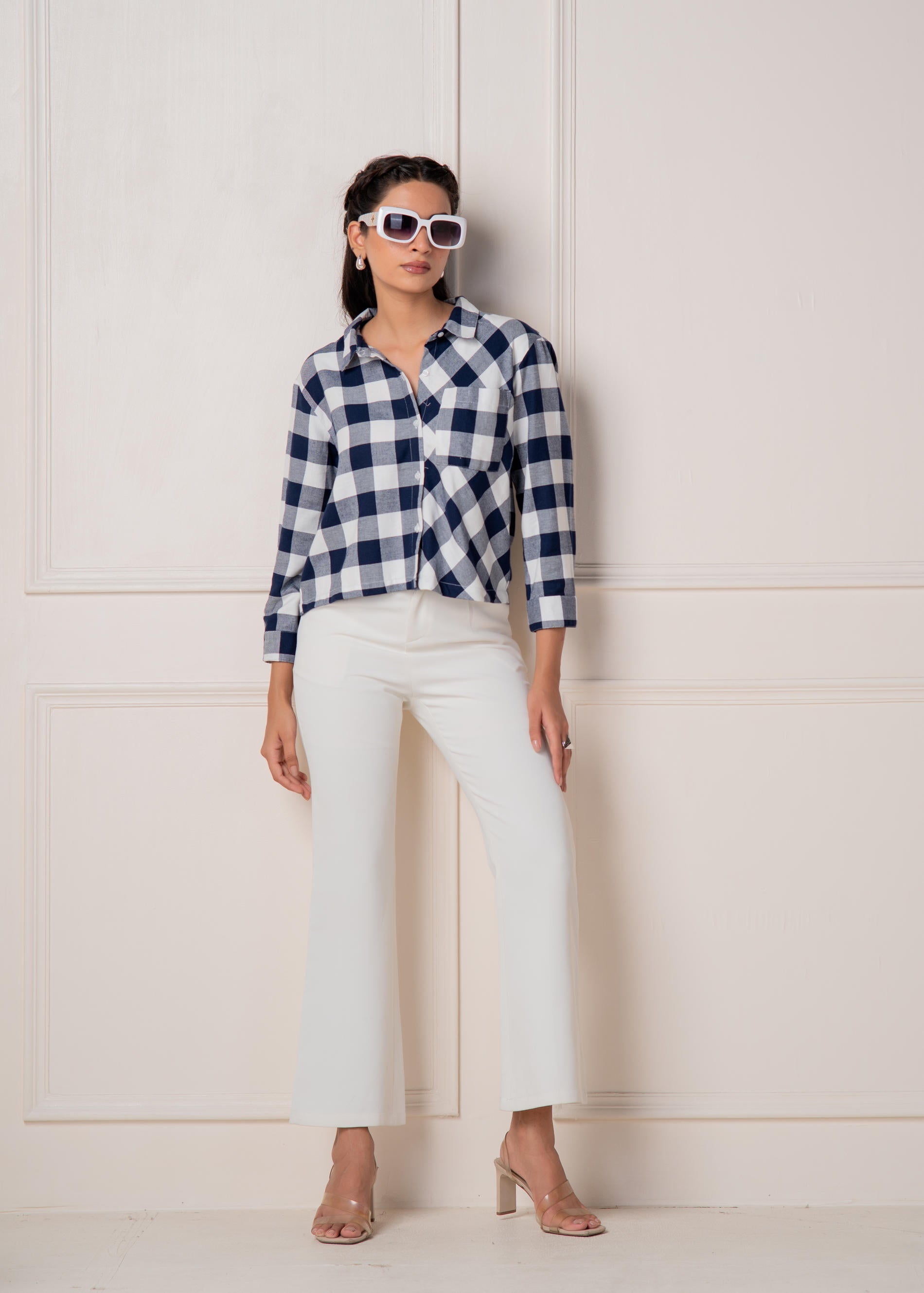 Navy & White Large Checkered Casual Button-Down Shirt | DesiQlo