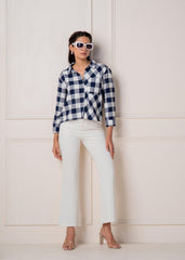 Lamora Navy & White Large Checkered Casual Button-Down Shirt