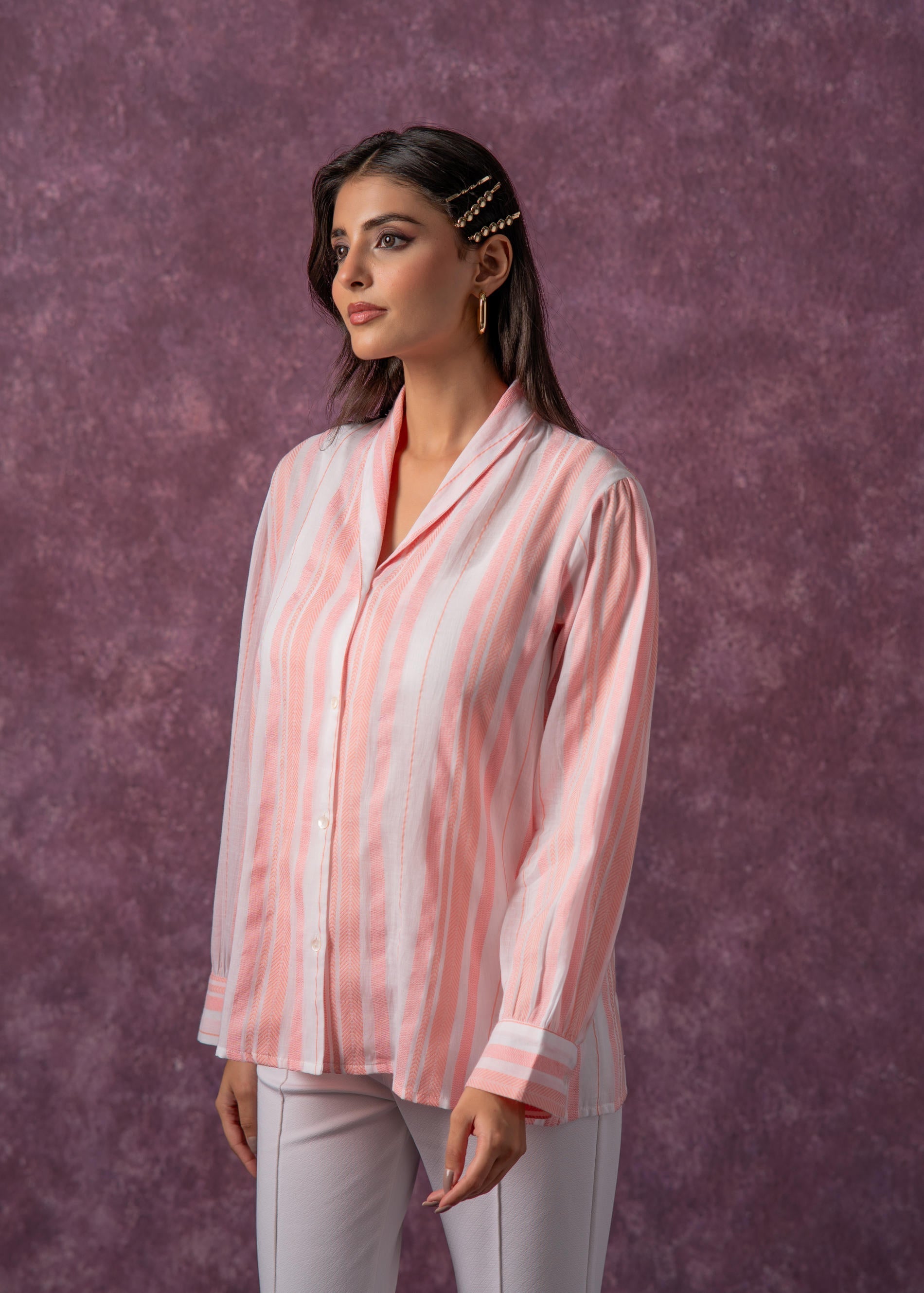 Peach & White Vertical Striped Relaxed-Fit Button-Down Shirt