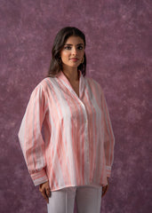 Lamora Peach & White Vertical Striped Relaxed-Fit Button-Down Shirt