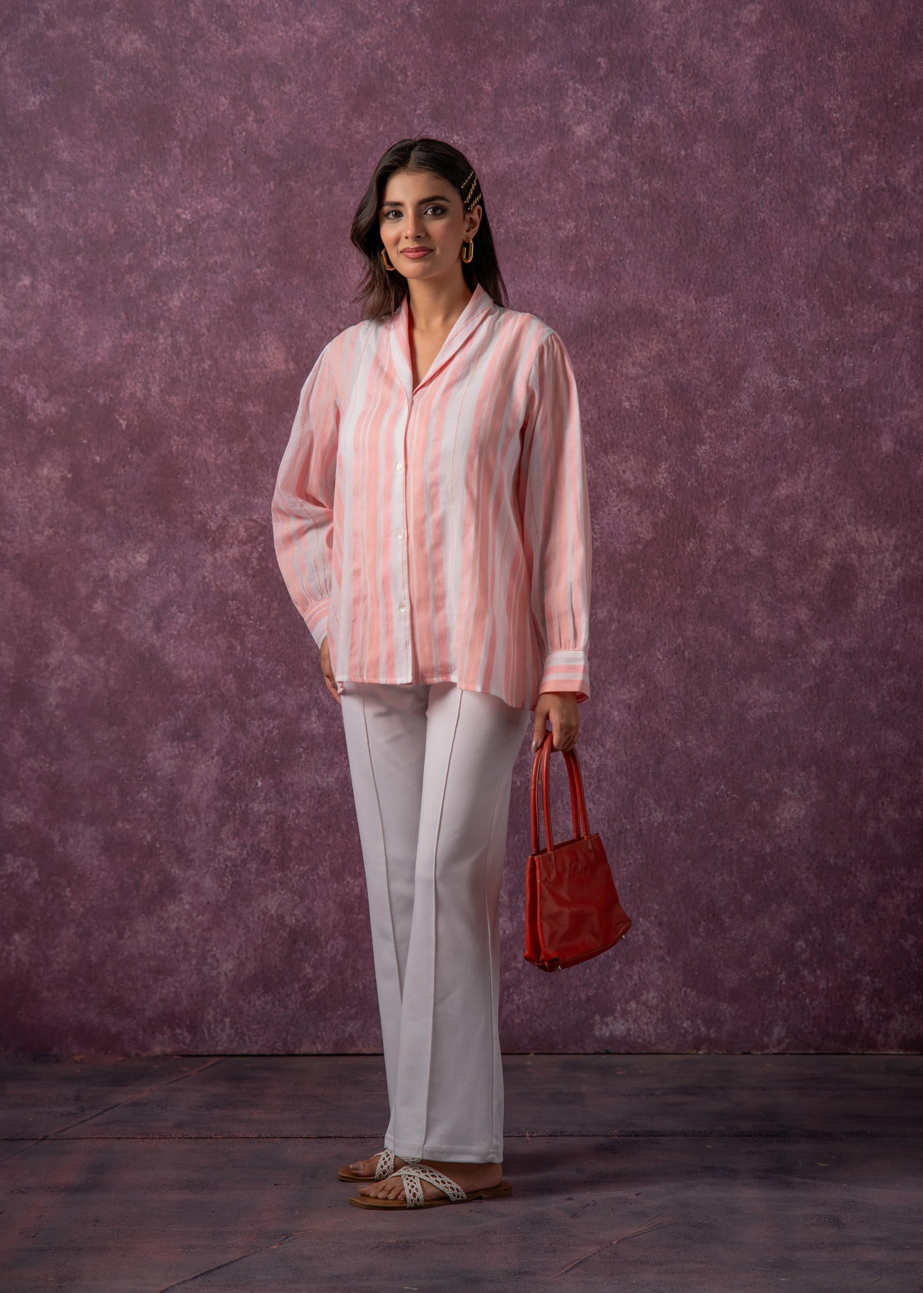 Peach & White Vertical Striped Relaxed-Fit Button-Down Shirt