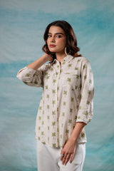 Lamora Off-White Palm Tree Printed Relaxed Fit Shirt