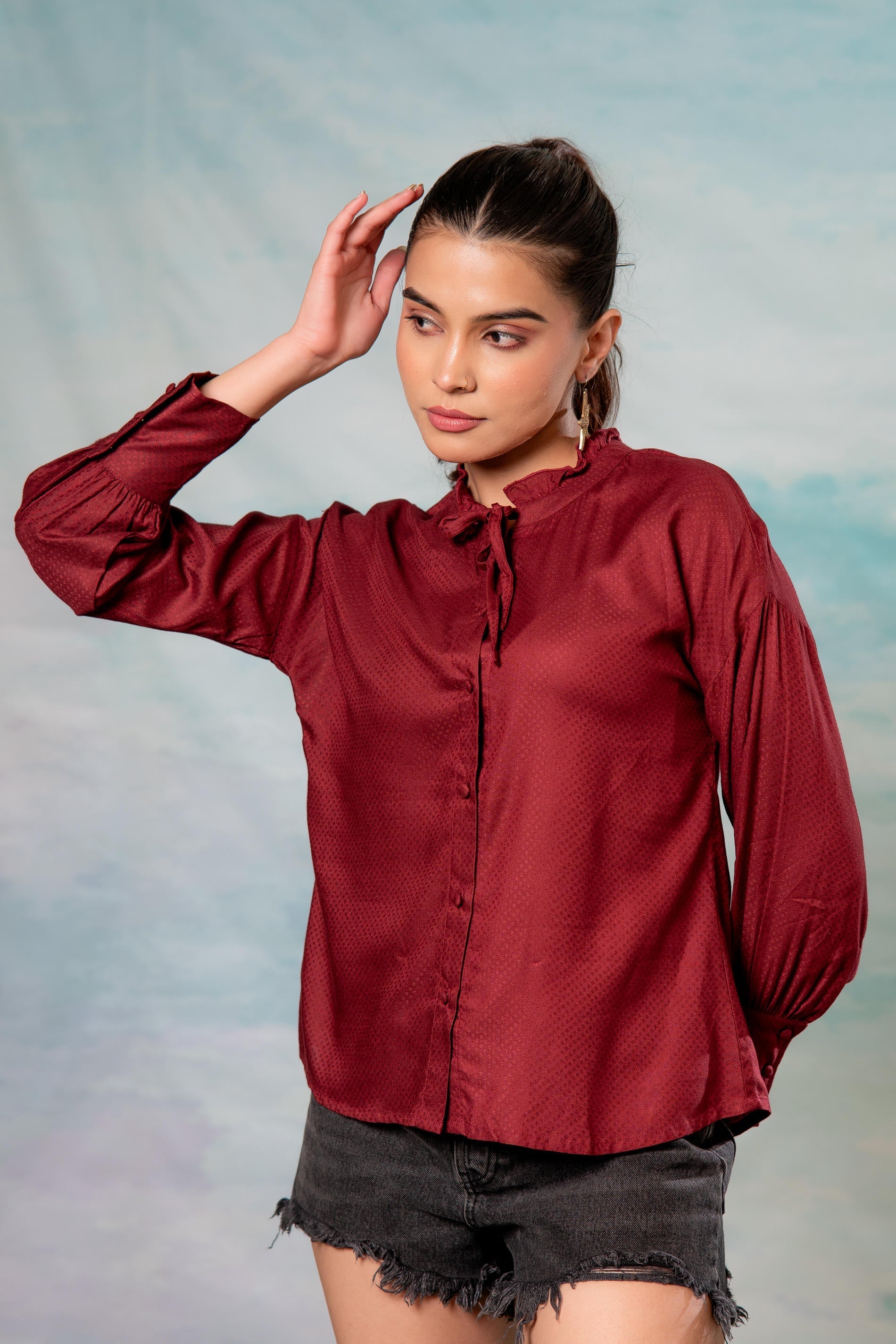 Maroon Textured High-Neck Pleated Sleeve Shirt