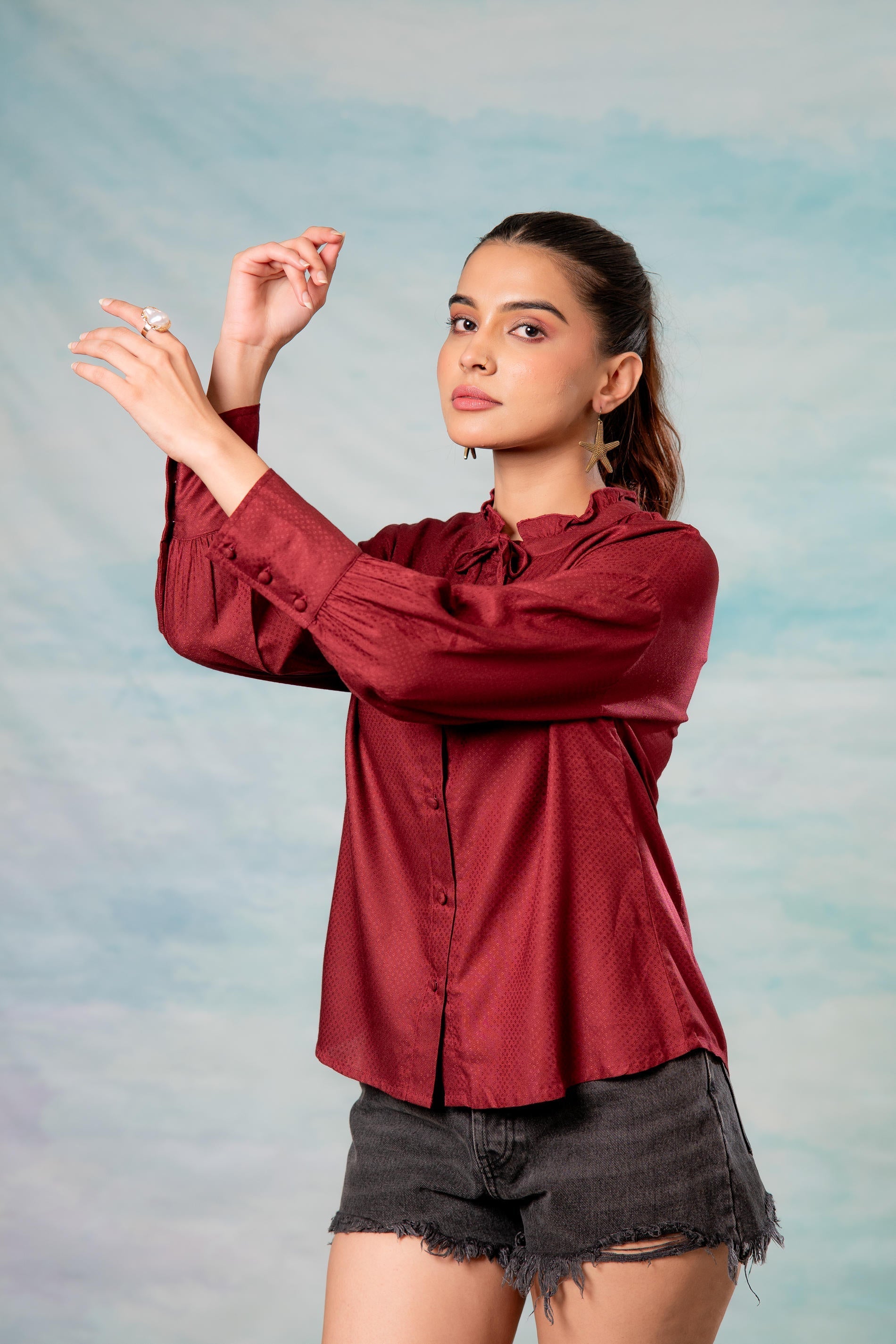 Maroon Textured High-Neck Pleated Sleeve Shirt