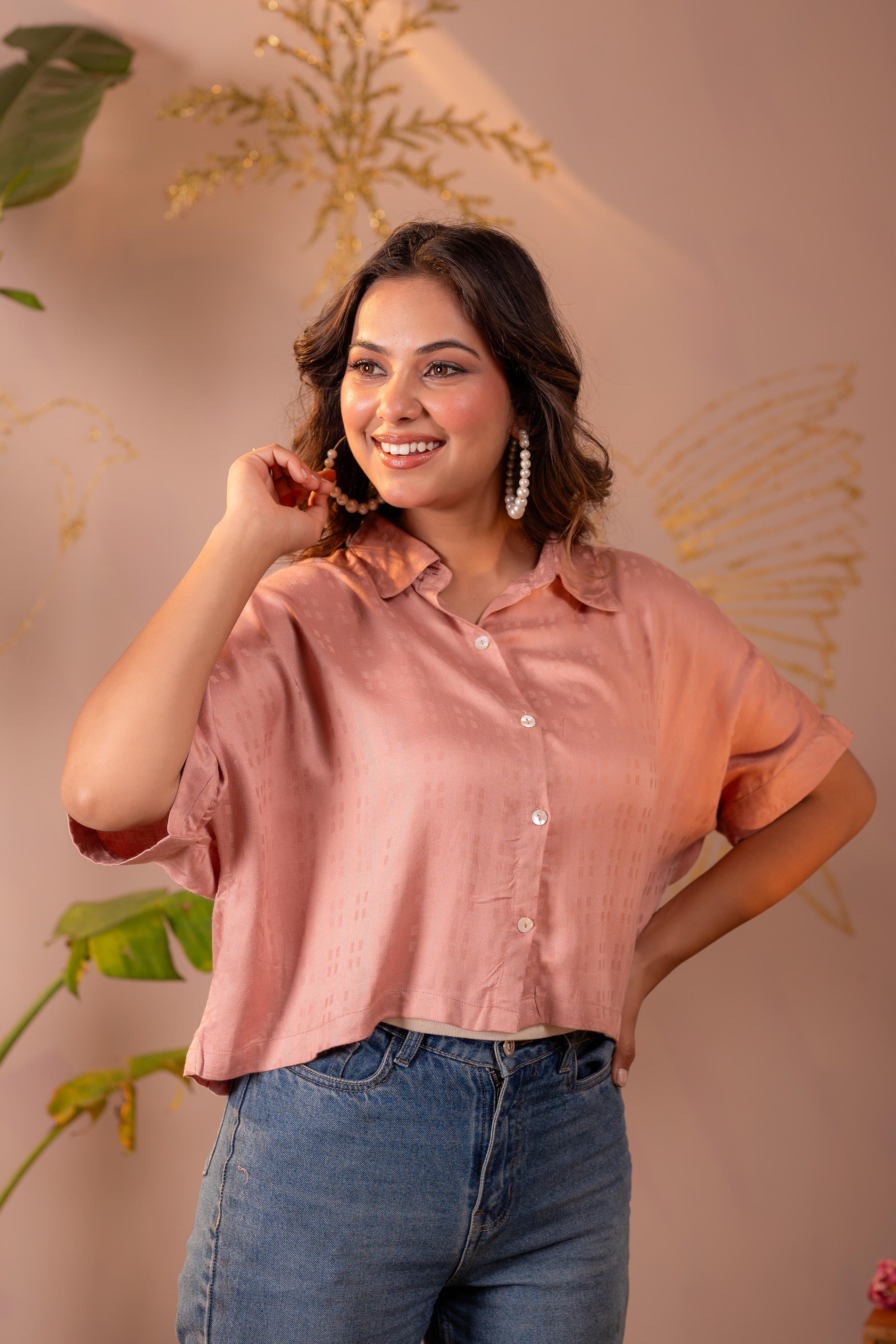 Rose Gold Textured Casual Shirt Top