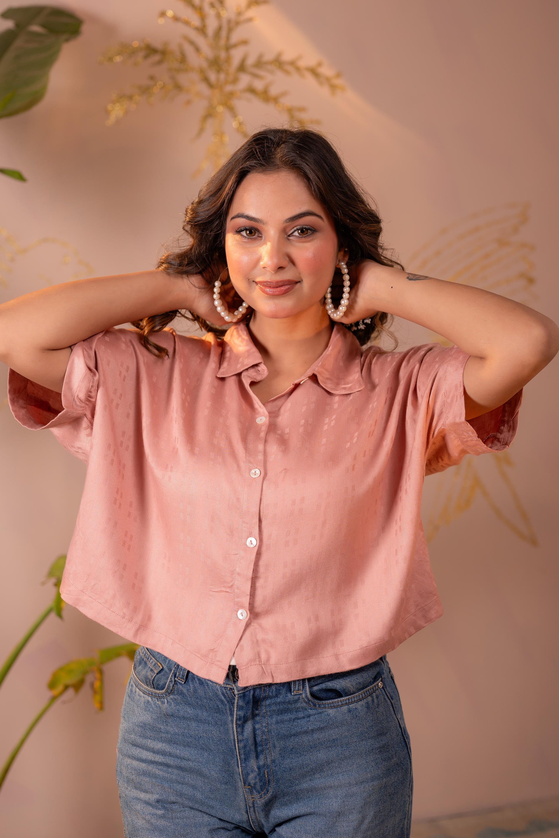 Rose Gold Textured Casual Shirt Top