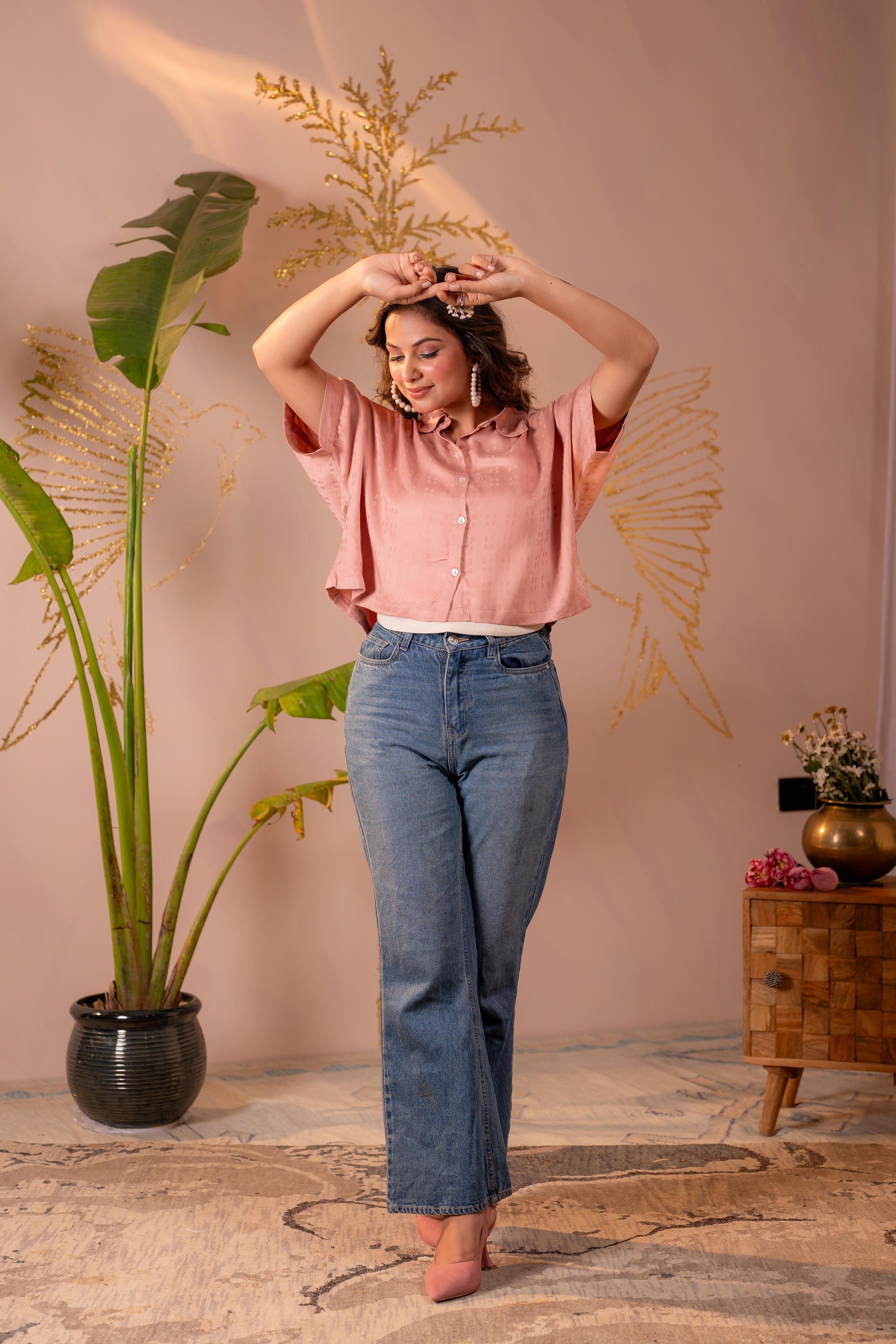 Rose Gold Textured Casual Shirt Top