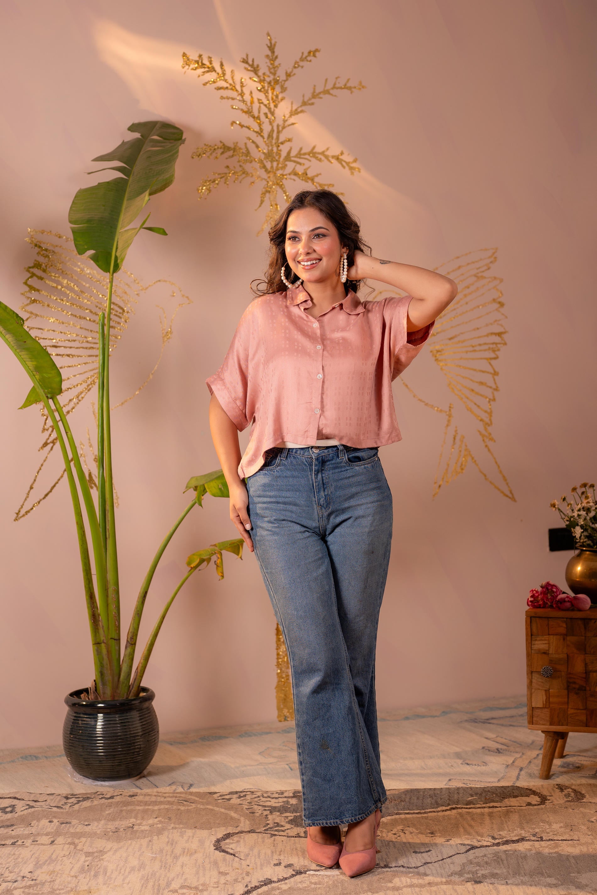 Rose Gold Textured Casual Shirt Top
