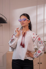 Lamora Off-White Boho Folk  Peasant Top with Tassel Tie-Up Neck