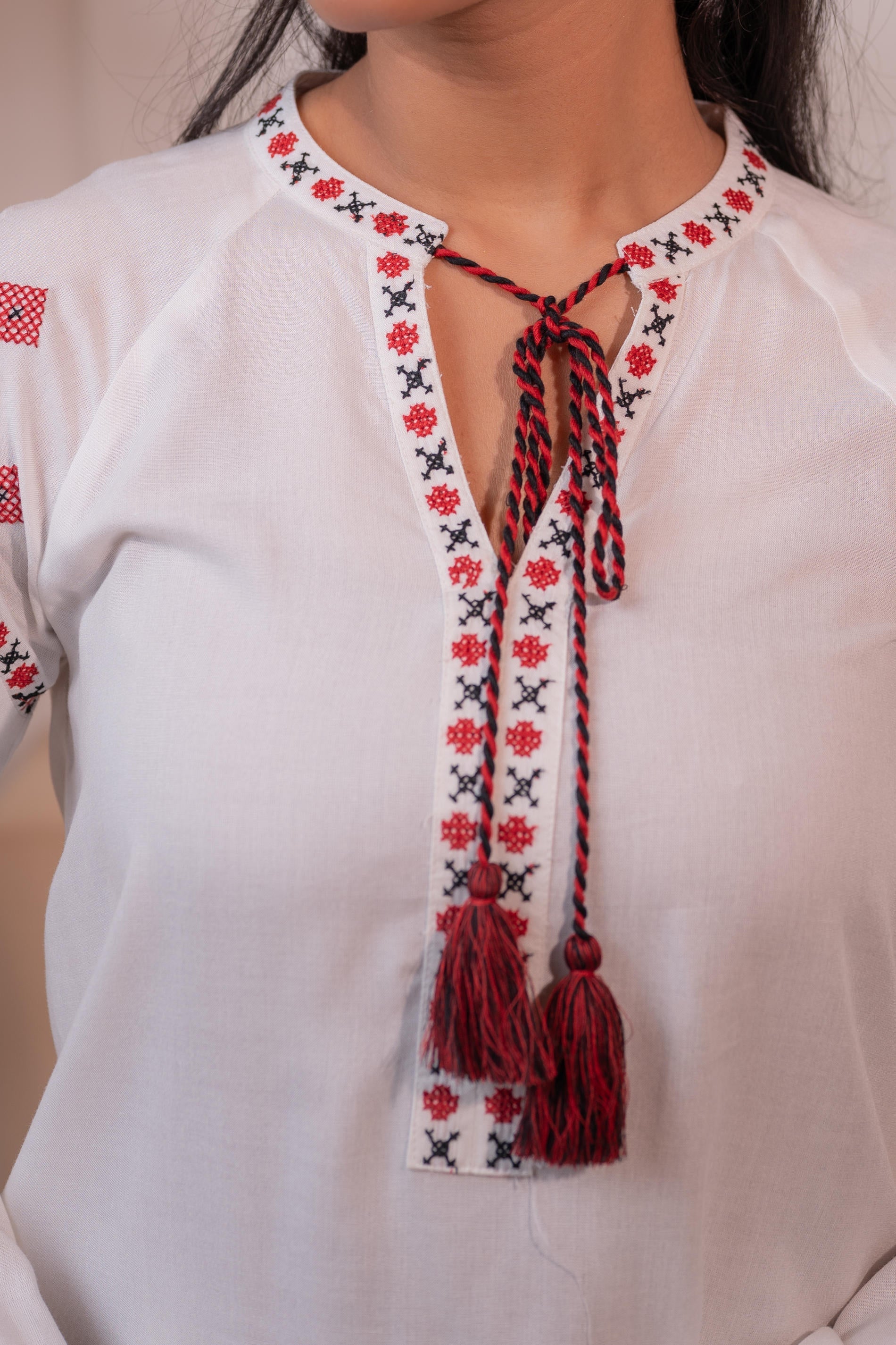 Off-White Boho Folk Peasant Top with Tassel Tie-Up Neck | DesiQlo
