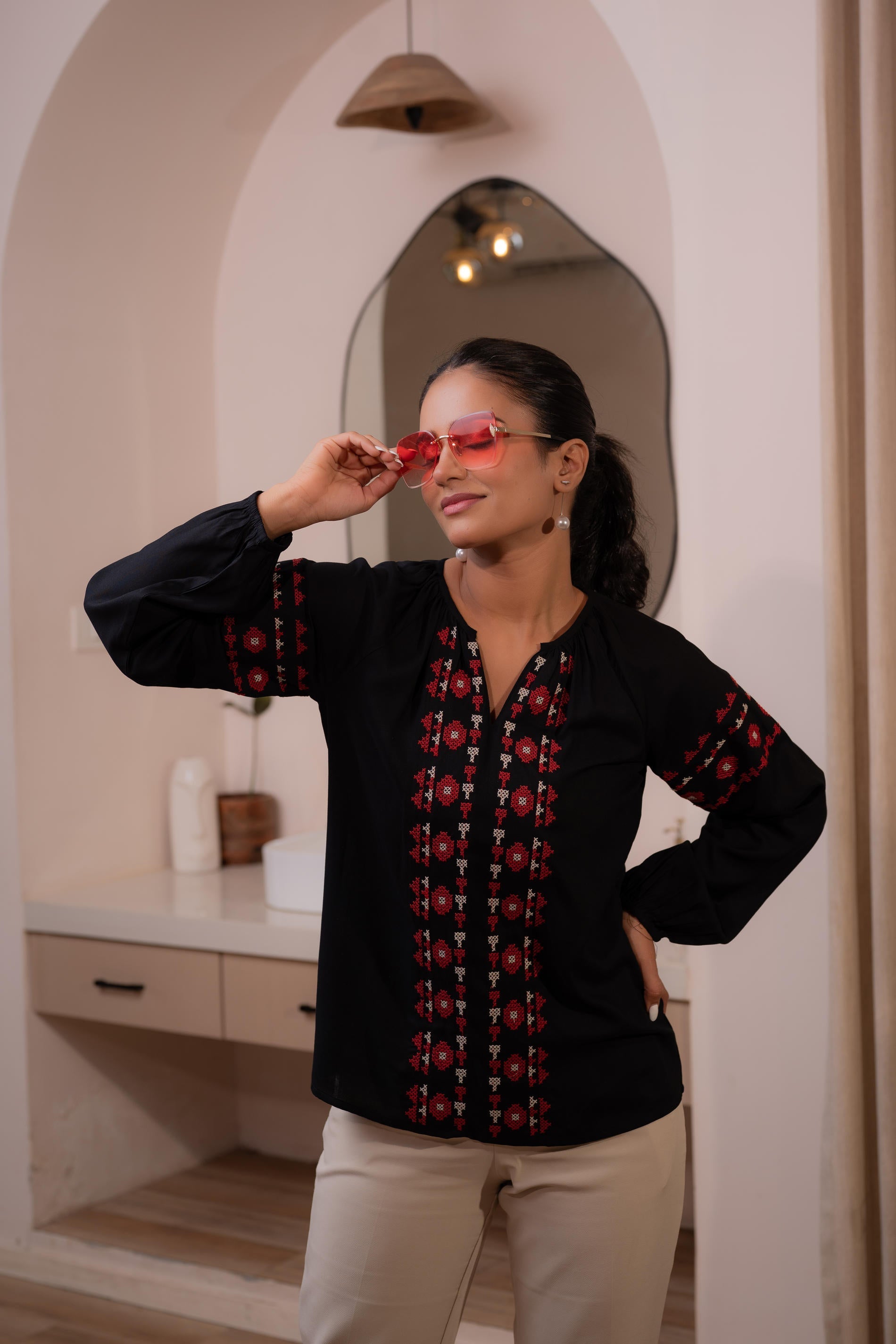 Black Boho Embroidered Tunic with Geometric Red Motifs