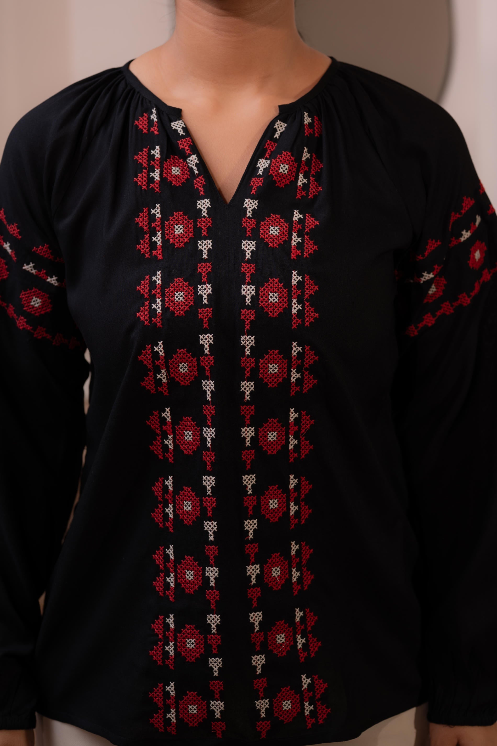 Black Boho Embroidered Tunic with Geometric Red Motifs