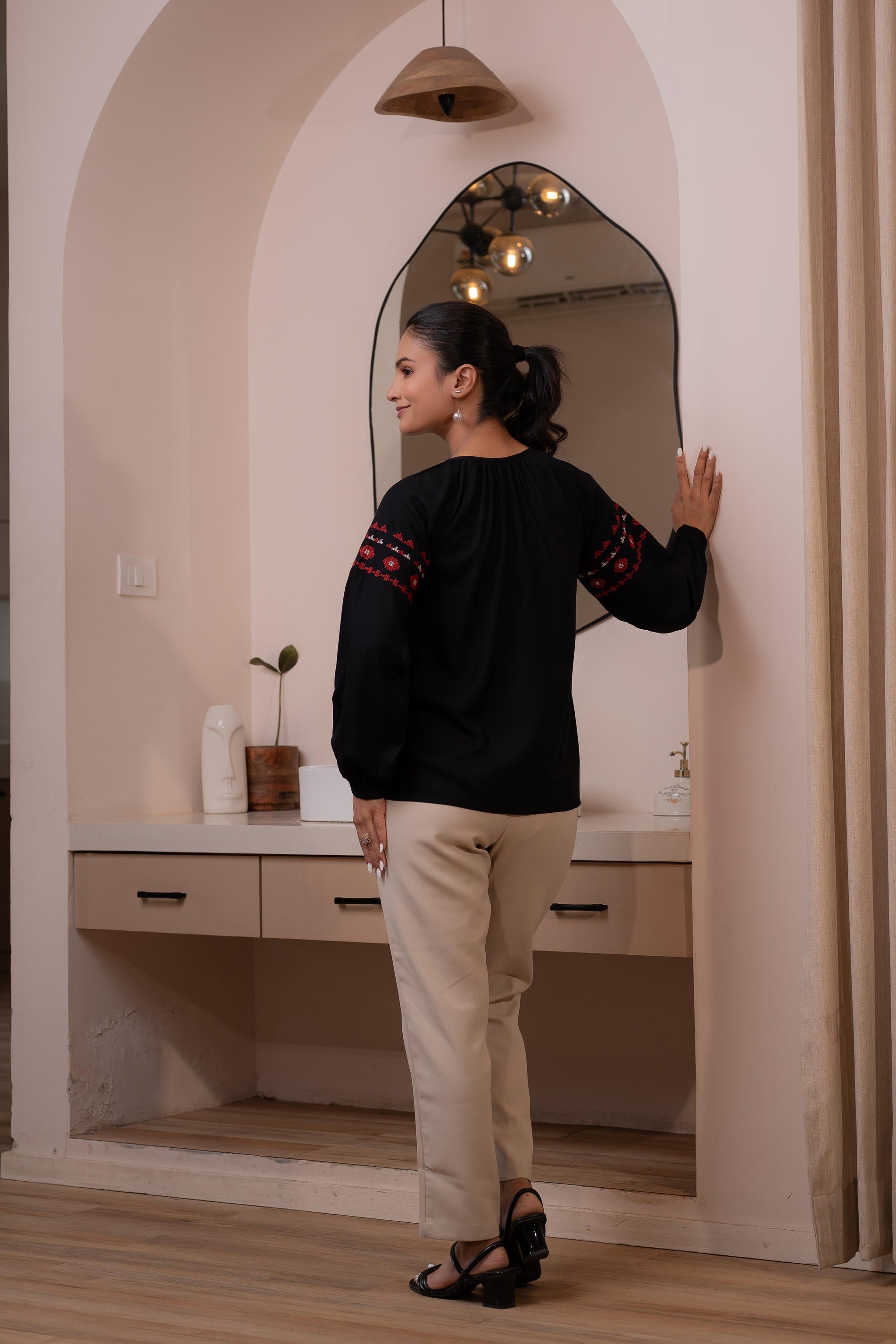 Black Boho Embroidered Tunic with Geometric Red Motifs