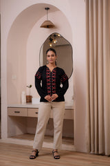 Lamora Black Boho Embroidered Tunic with Geometric Red Motifs