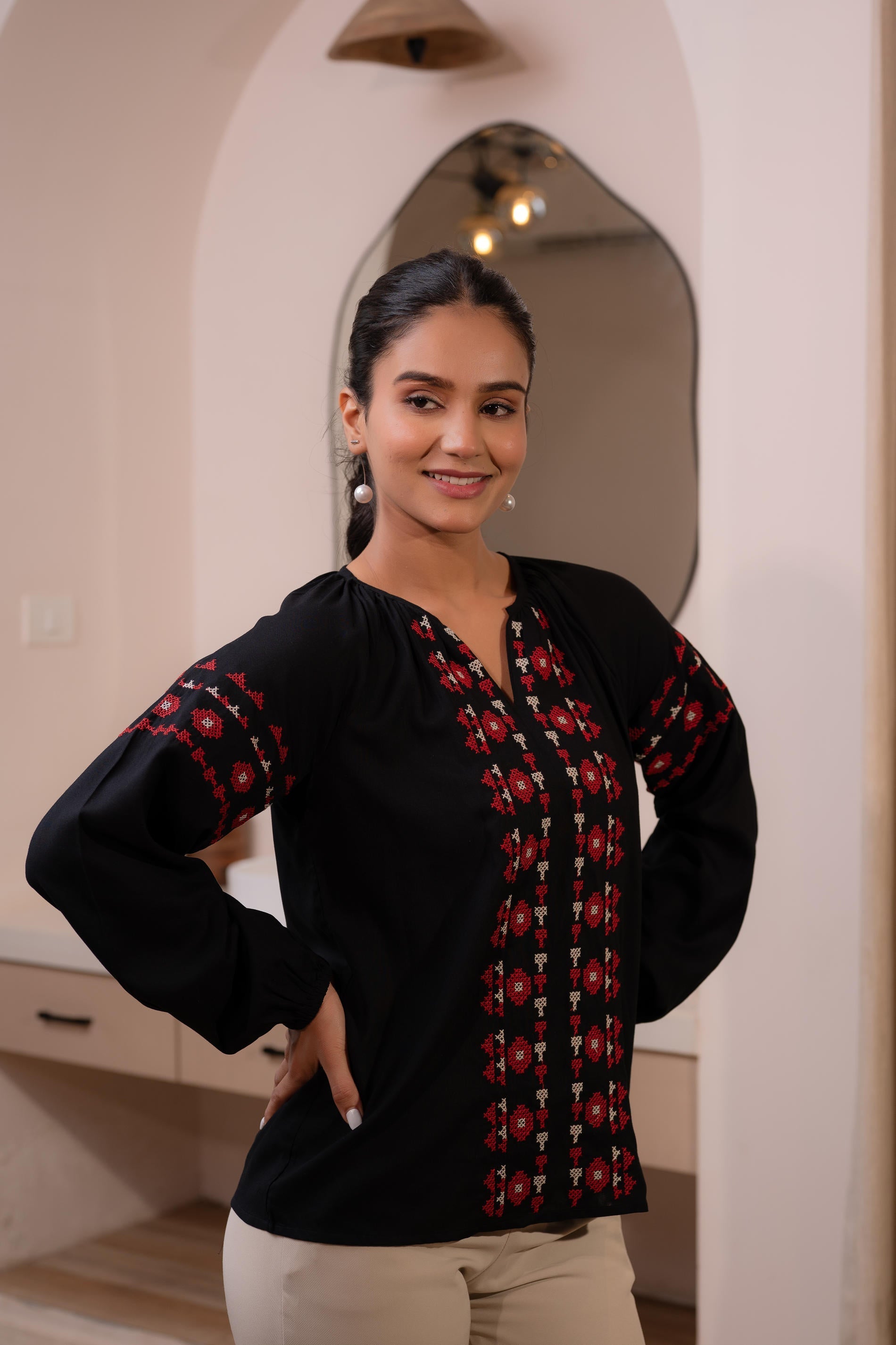 Black Boho Embroidered Tunic with Geometric Red Motifs