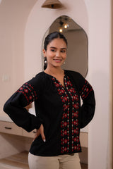 Lamora Black Boho Embroidered Tunic with Geometric Red Motifs