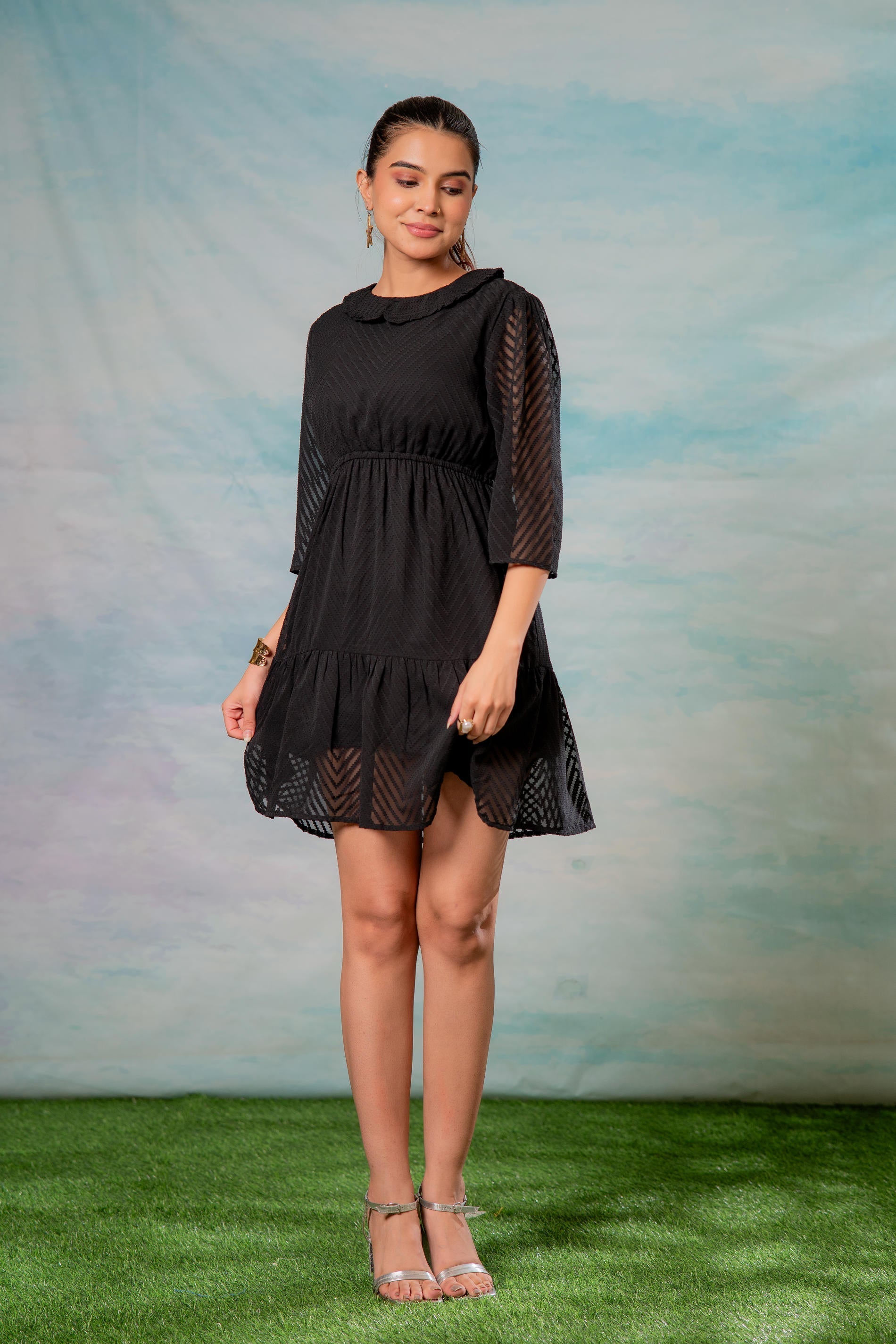 Black Chevron-Sheer Fit & Flare Mini Dress