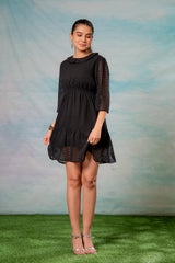 Lamora Black Chevron-Sheer Fit & Flare Mini Dress