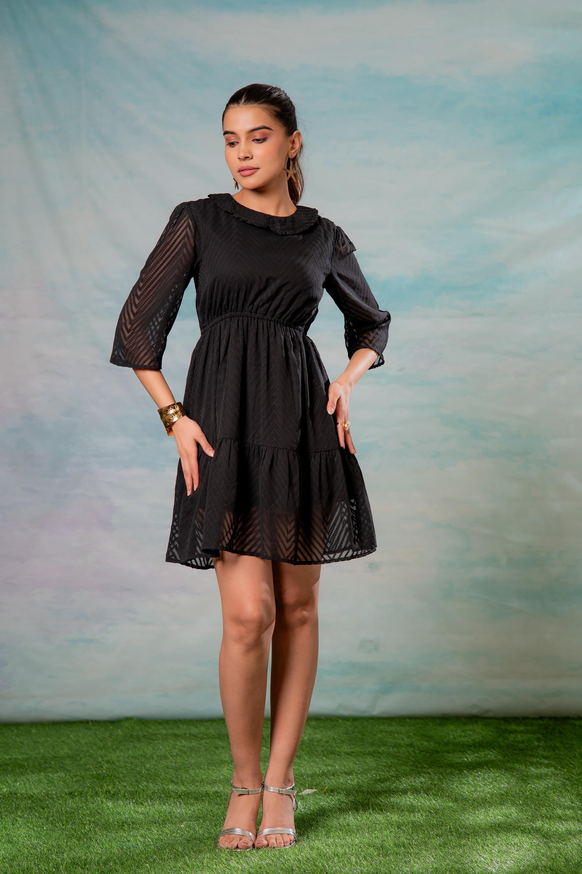 Black Chevron-Sheer Fit & Flare Mini Dress