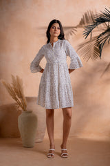 Lamora Off-White Floral Tiered Mini Dress with Flared Sleeves
